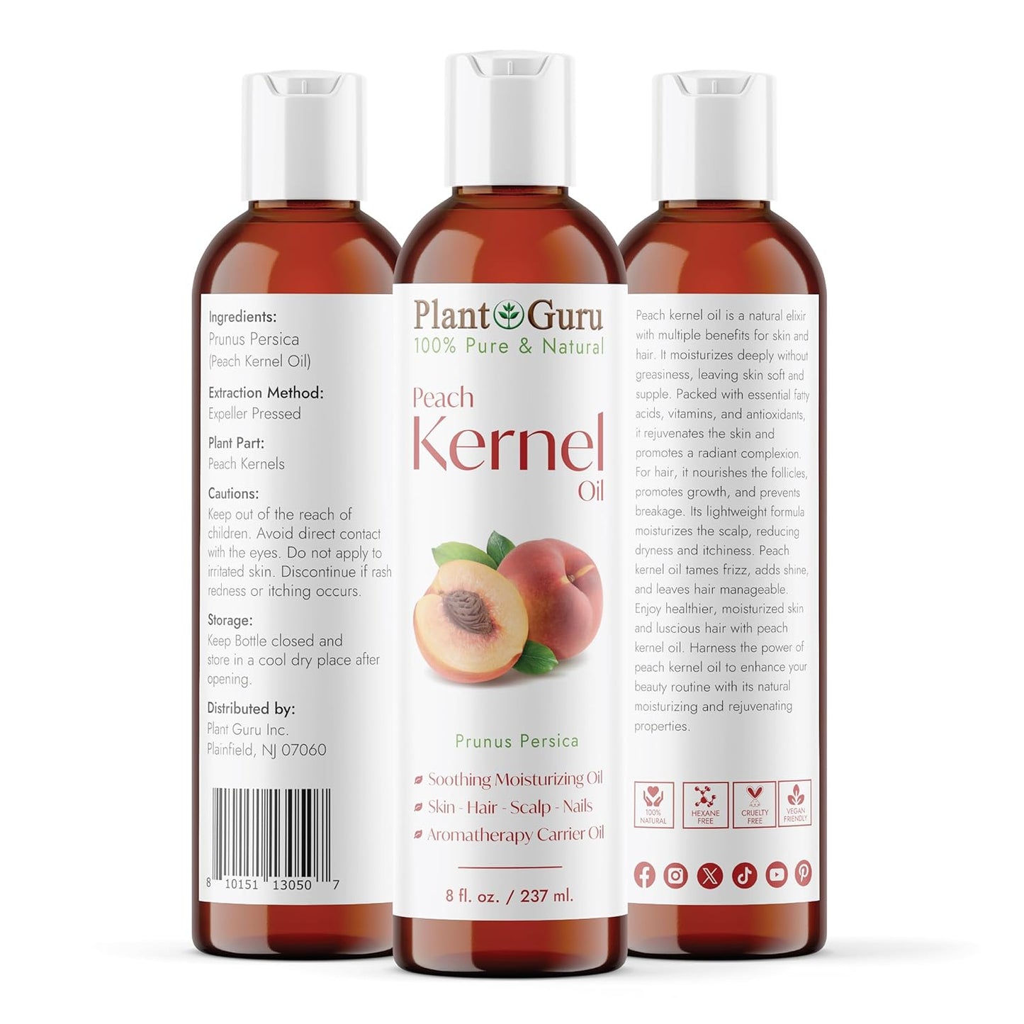 Plant Guru Peach Kernel Oil 8 fl. oz. Cold Pressed 100% Pure & Natural Carrier – Ideal for Skin, Face, Body, and Hair Moisturizer. Great for DIY Creams, Lotions, and Lip Balms.