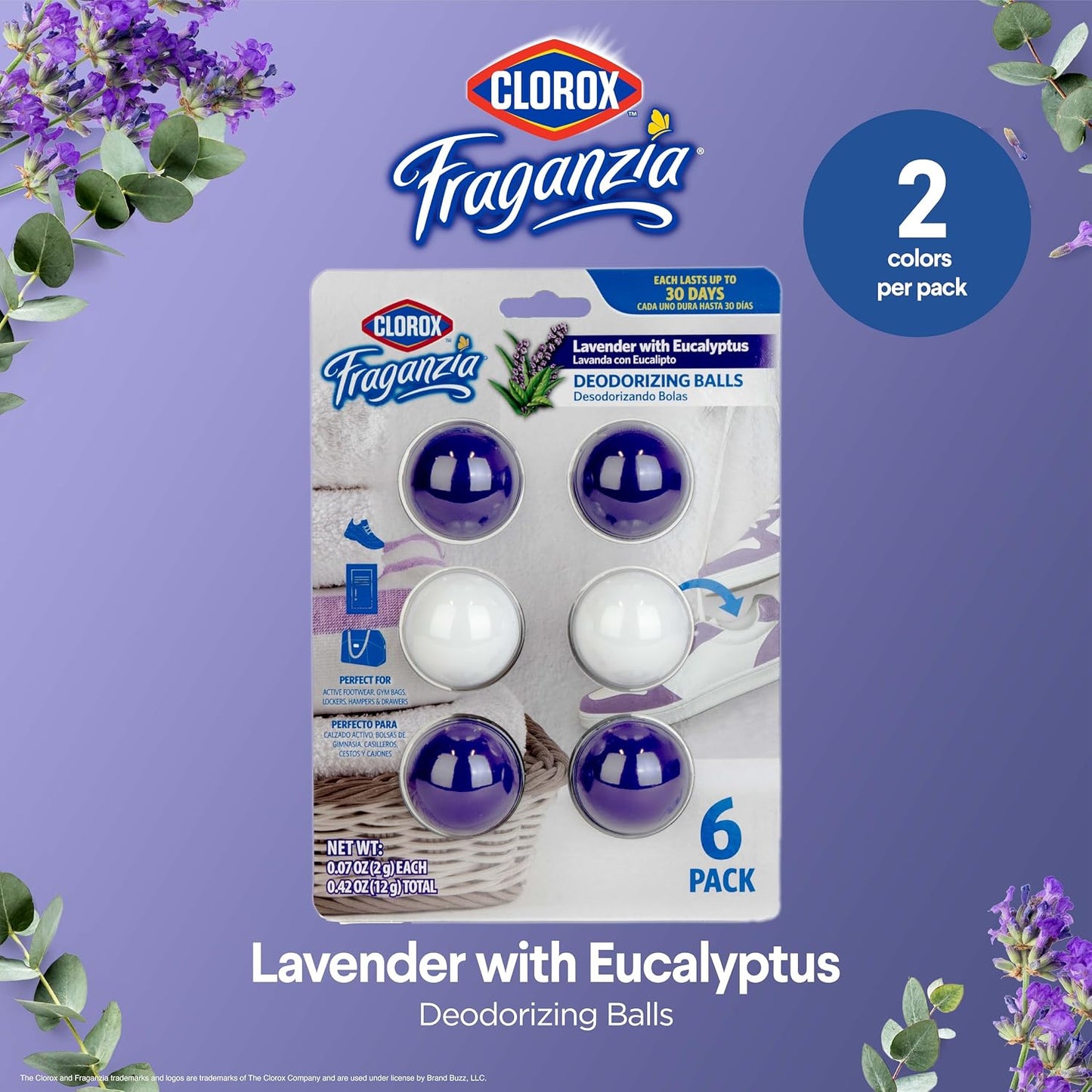Clorox Fraganzia Deodorizing Balls with Lavender and Eucalyptus Scent, Shoe and Bag Odor Eliminator Balls for Shoes Lockers and Gym Bags with Long Lasting Freshness, 6 Count - 12 Pack