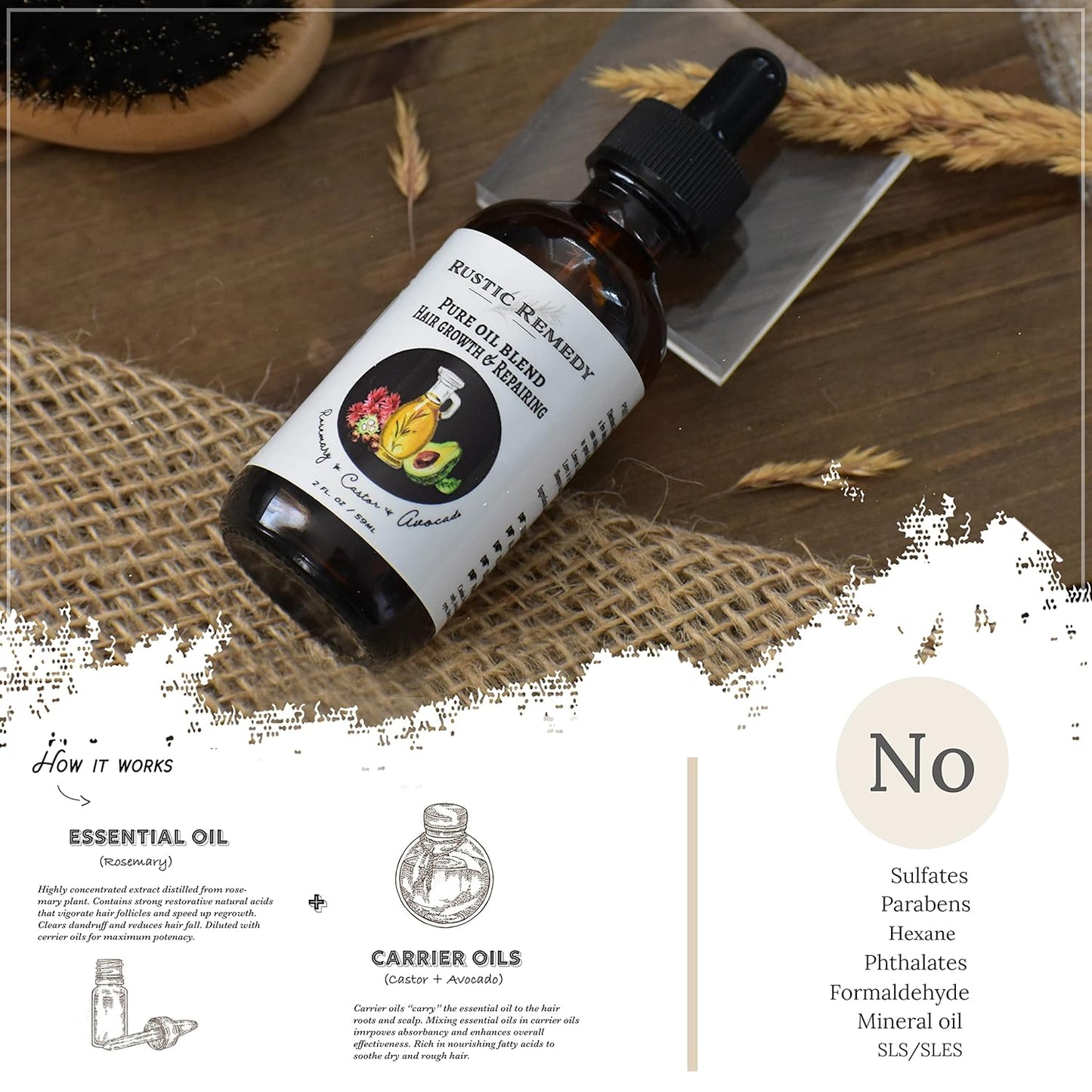 100% Organic, Cold-Pressed Rosemary, Castor and Avocado Oil | Growth & Frizz Repair Treatment (2 oz) | 100% Natural, Pure Oil for Dry Damaged Hair for Women and Men