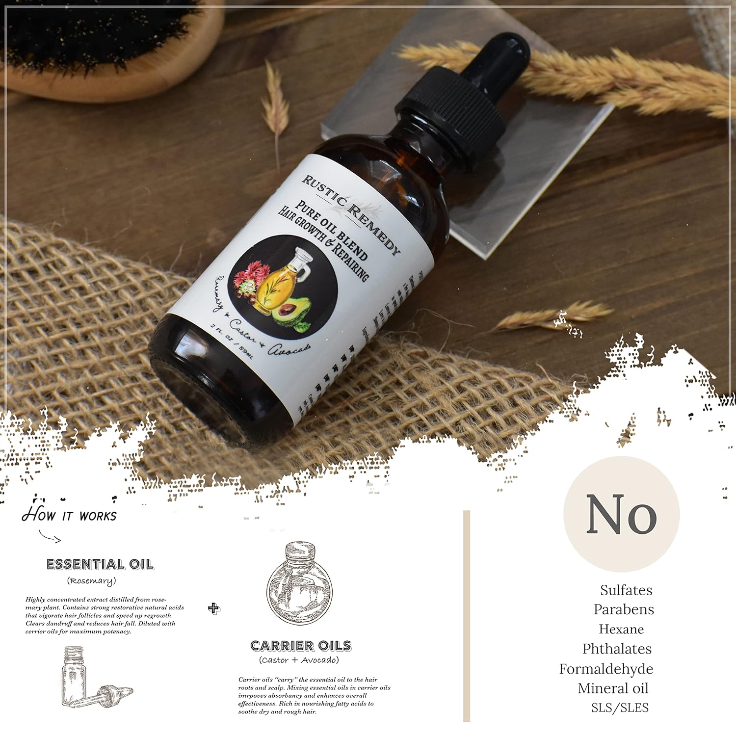 100% Organic, Cold-Pressed Rosemary, Castor and Avocado Oil | Growth & Frizz Repair Treatment (2 oz) | 100% Natural, Pure Oil for Dry Damaged Hair for Women and Men