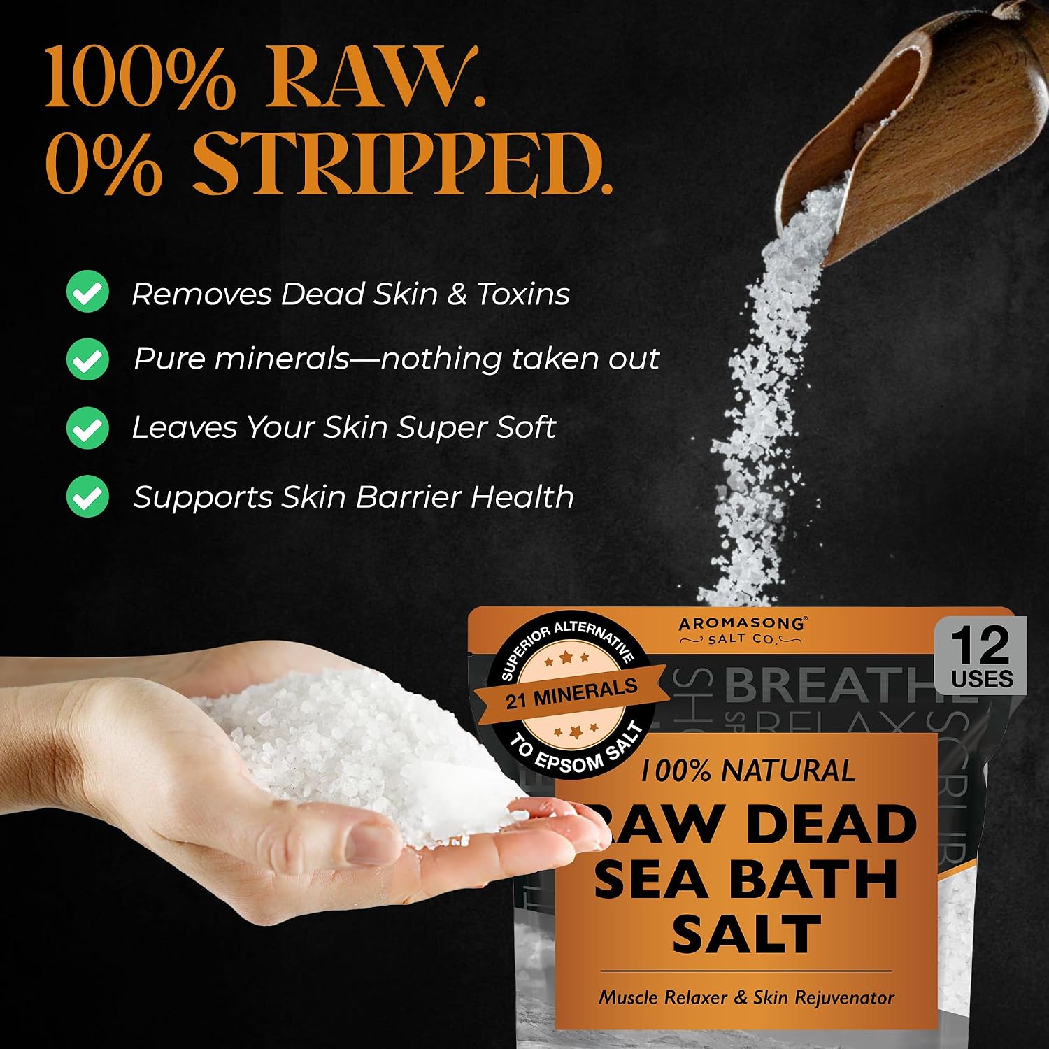 Aromasong Raw Dead Sea Bath Salt - Minimally Cleaned, Contains More Dead Sea Minerals Including Dead Sea Mud - 100% Pure & Natural Dead Sea Salts for Soaking 5 LB - Bulk Resealable Pack