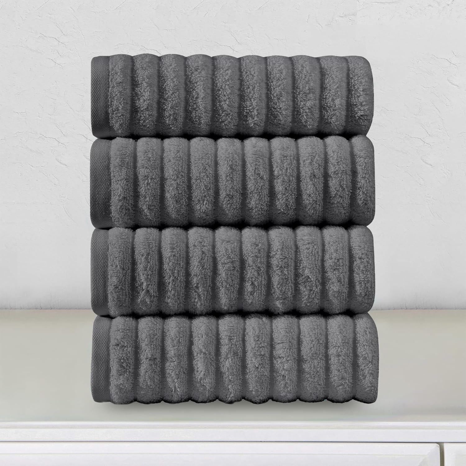 Elegant Comfort Luxury 100% Turkish Cotton Corduroy Ribbed 4 Pack Hand Towel Set 16 x 28 Inch - Absorbent, Super Soft, Quick Dry, Premium Towels for Bathroom, Gym, Spa and Hotel Use, Gray