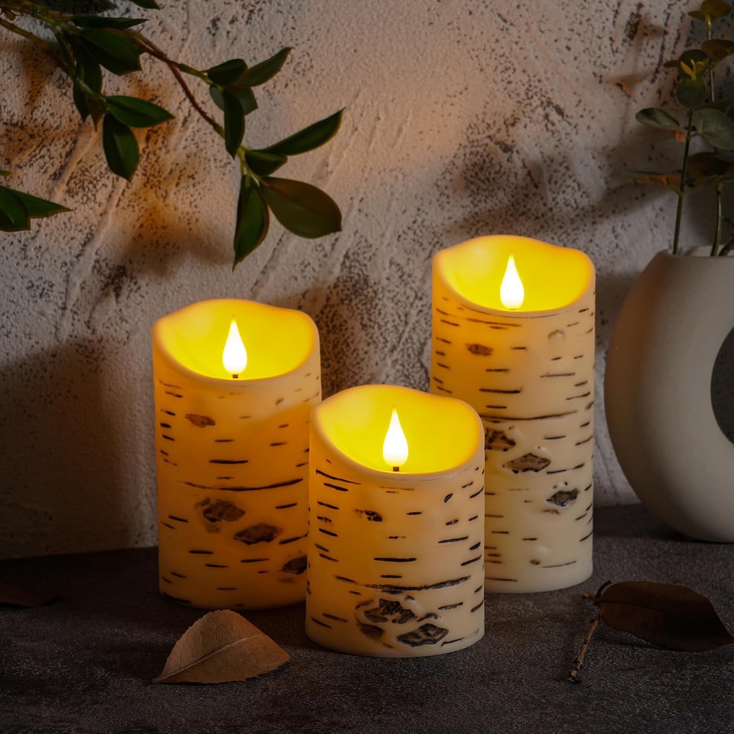 QQFCTOO Birch Bark Flameless Candles, Flickering Battery Operated LED Candles, Electric Plastic Pillar Candles with Remote & Timer, Rustic Farmhouse Home Decor, Wedding Centerpiece, Gift Set of 3