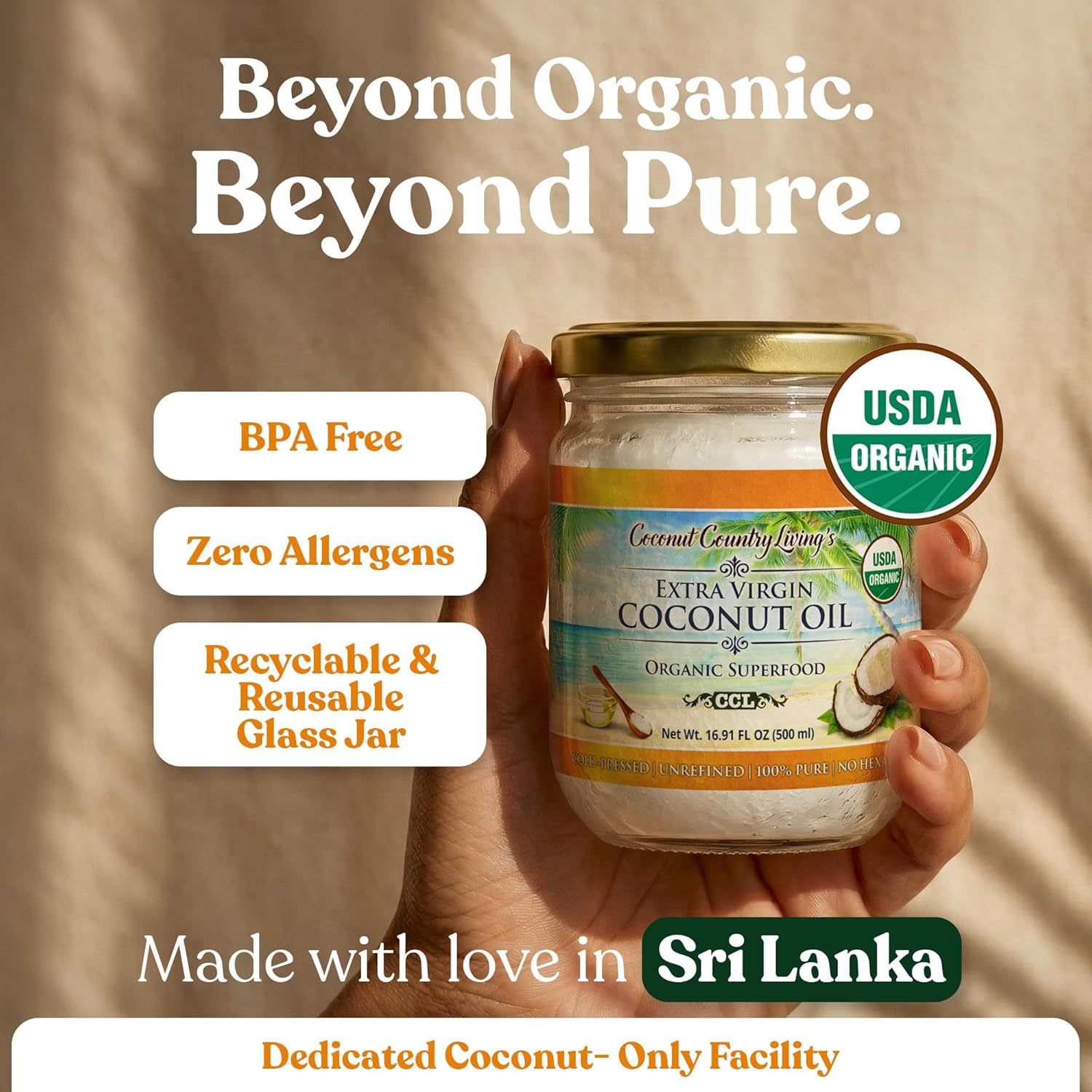Organic Extra Virgin Coconut Oil - Unrefined Organic Cold Pressed | Ideal For Hair, Skin, Cooking, Body Massage, Beauty and Oil Pulling| Keto & Paleo Cooking Oil - 16.91 oz Coconut oil in Glass Jar
