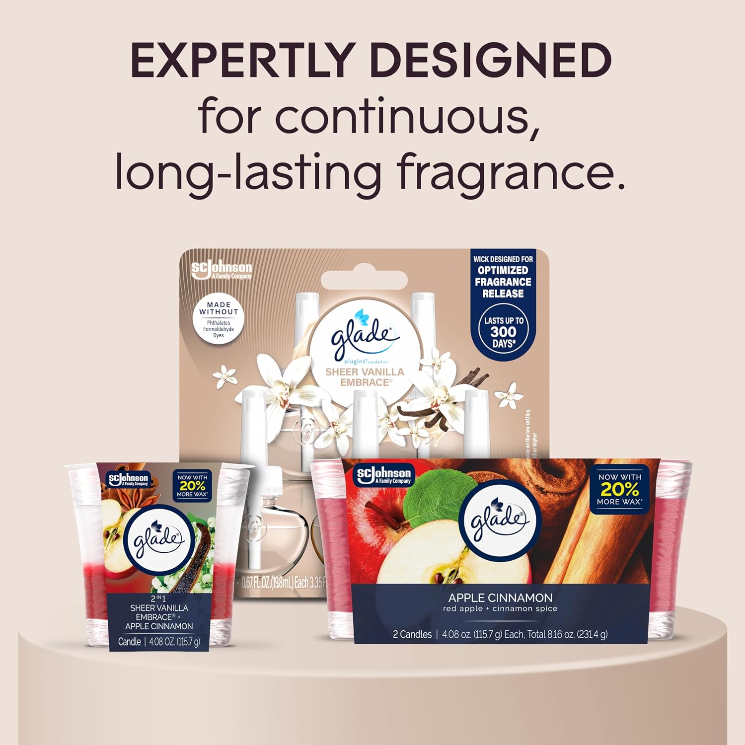 Glade 1-Wick 2in1 Scented Candle Jar, Sheer Vanilla Embrace & Apple Cinnamon, Air Freshener Infused with Essential Oils, 4.08 Oz, 2 Count