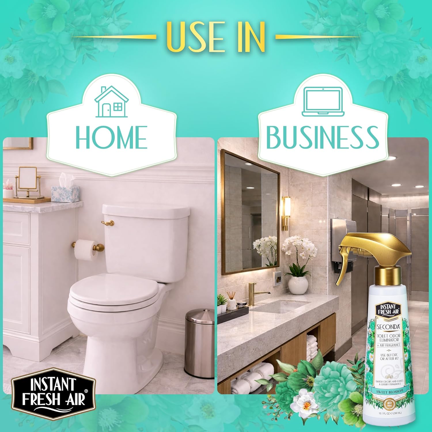 Seconda Premium Toilet Spray - Bathroom Air Freshener & Toilet Bowl Odor Eliminator - For Home, Business, School - Bathroom Deodorizer - Long Lasting Blossom Fragrance - 10.1 fl oz.