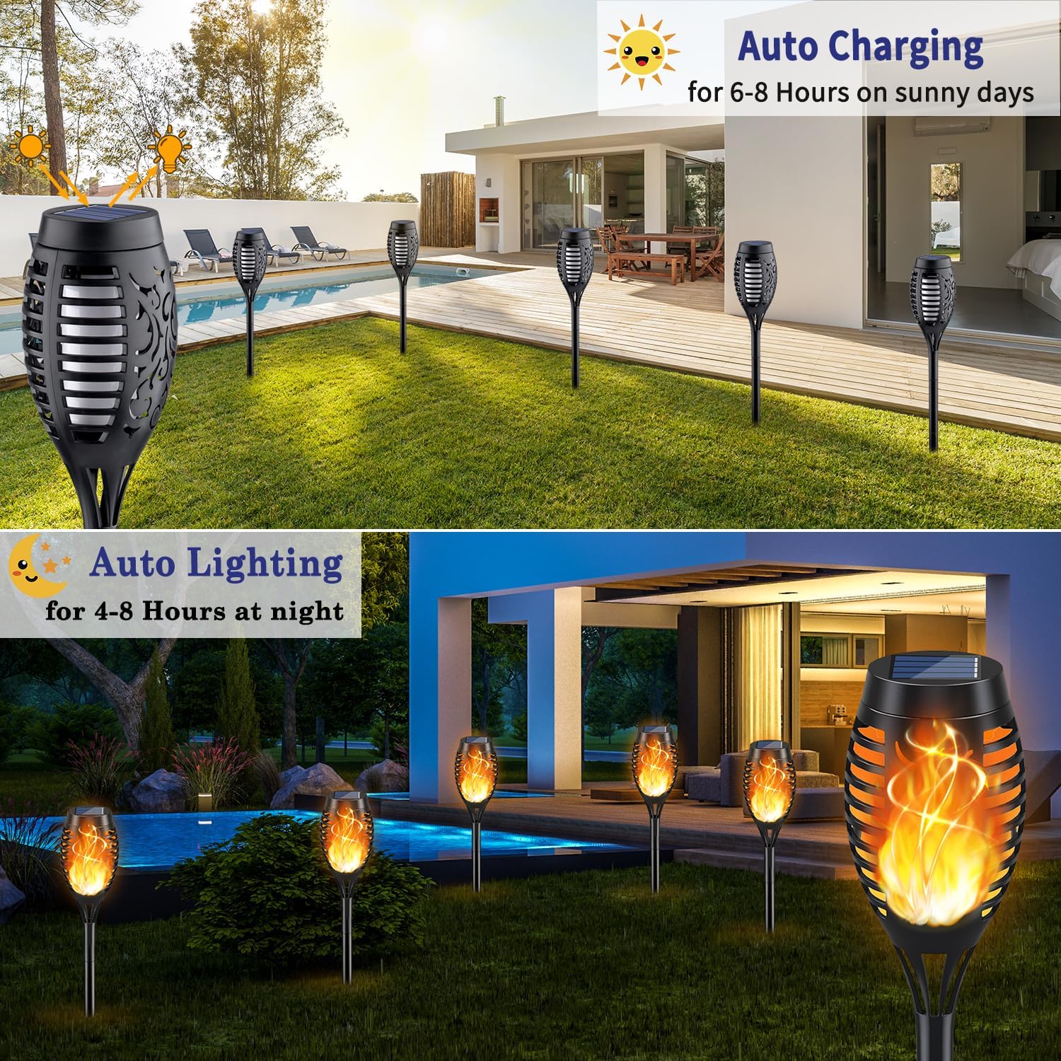 KYEKIO Solar Torch Light with Flickering Flame, 12Pack Solar Lights Outdoor, Solar Garden Lights Outdoor Waterproof, Luces Solares para Exteriores, Outside Lighting for Pathway Yard Patio Decorations