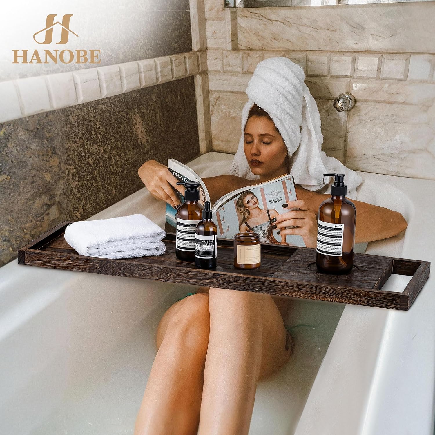 Hanobe Bathtub Tray Bath Caddy: 31" Wooden Tub Shelf with Handles Simplicity Farmhouse Rustic Wood Board for Bathroom Organizer Home SPA