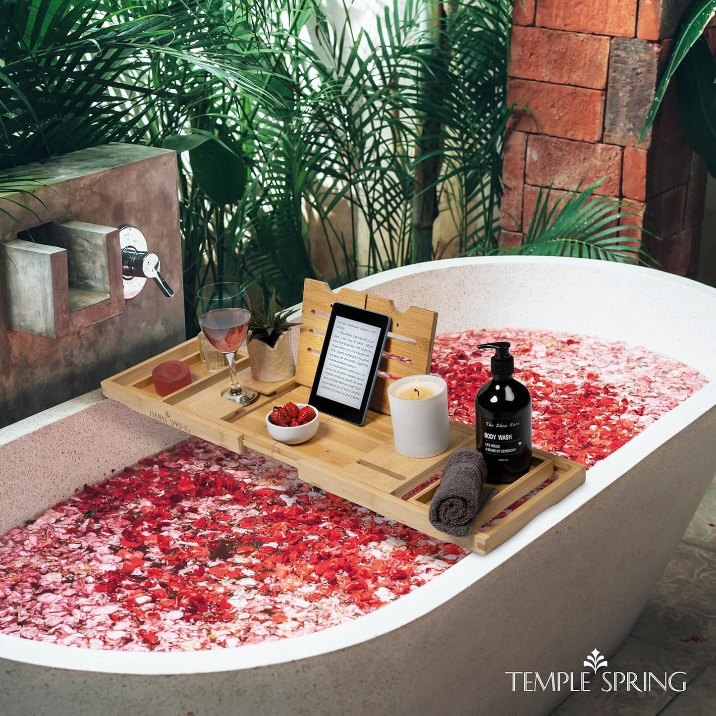 Temple Spring Foldable Bamboo Bathtub Tray Caddy for Tub — Expandable One-Piece Wood Bath Table with Wine Holder Book Stand and Non-Slip Pads — Space-Saving Bath Caddy — Housewarming