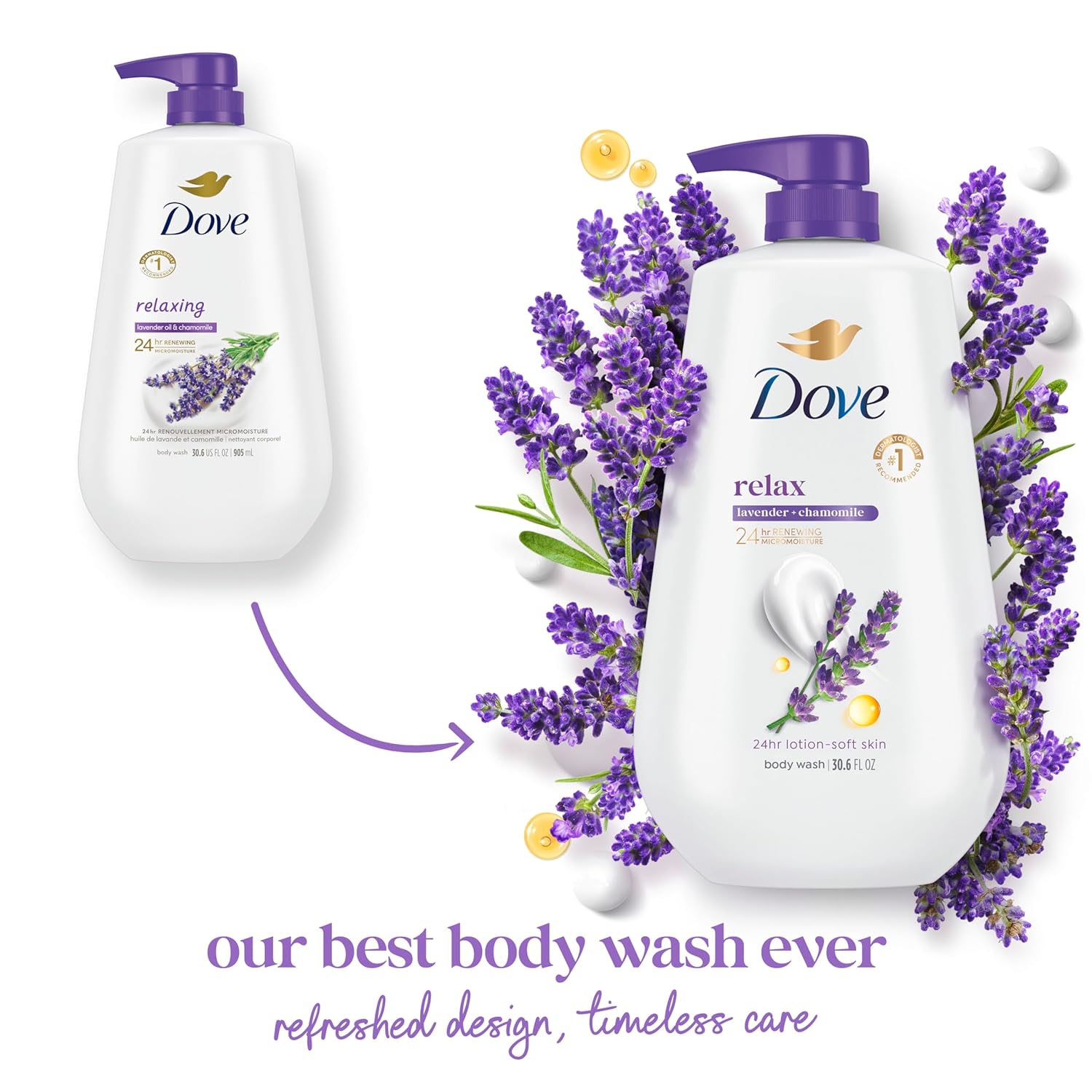 Dove 24hr Lotion Body Wash Relax Lavender Oil & Chamomile, 30.6 oz | Hydrating body wash with MicroMoisture and a calming lavender and chamomile scent