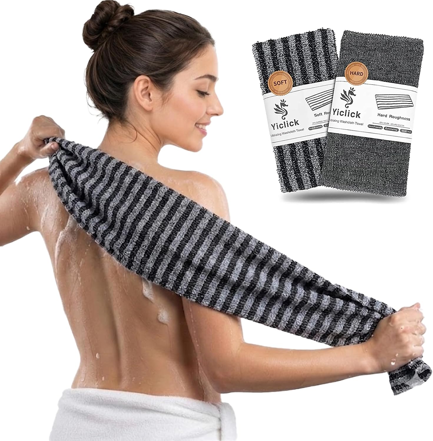 Yiclick Exfoliating Washcloth Towel, Back Scrubber for Shower for Women, Exfoliating Body Scrubber, Loofah Sponge Wash Cloth, Korean Japanese Exfoliating Shower Towel, Exfoliator Washer for Bath