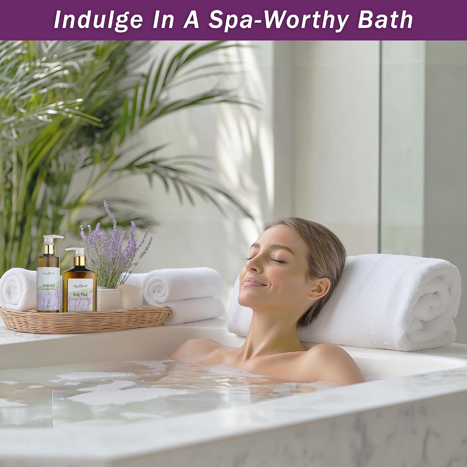 Aqua Elegante Bath Basket For Women - Deluxe Spa Set with Wash, Bubble Bath, Lotion, Salts, Body Scrub, Towel, Shower Puff, Bathbombs, Reusable Basket, Gifts for Mom, Wife, Her - Lavender & Tea Tree