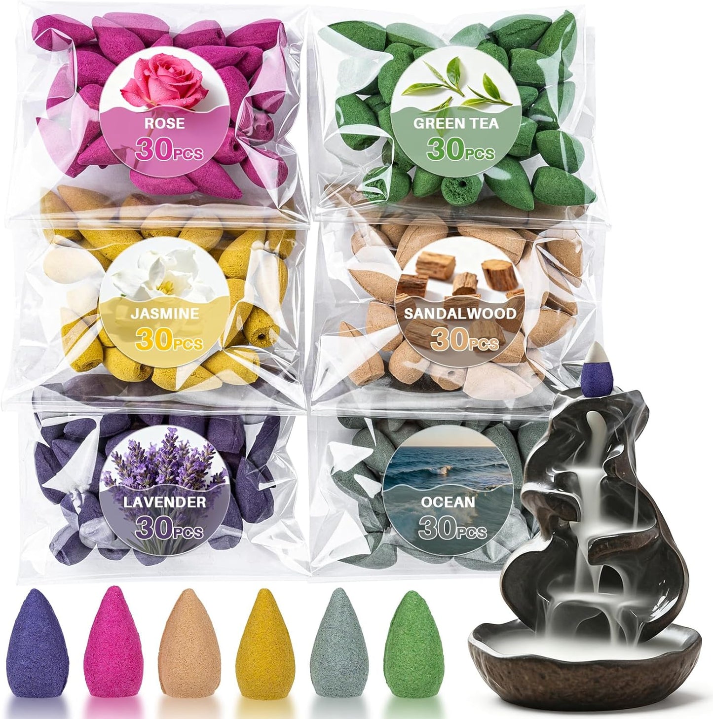 108 PCS Backflow Incense Cones for Waterfall - Waterfall Scented Cone Incense Backflow Smoke Burning Inscents-Cones Bulk 6 Different Scented Incense Cone Match Waterfall Incense Burner Exclude