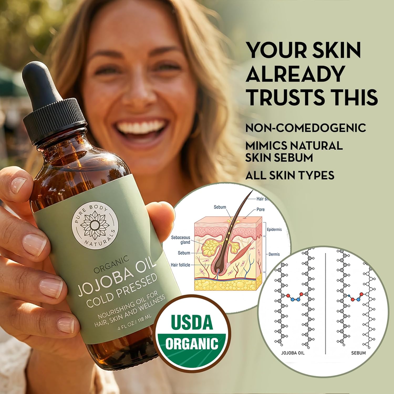 Pure Body Naturals Organic Jojoba Oil, 4 Fl Oz - 100% Pure, Organic, USA-Sourced, Cold Pressed Jojoba Oil for Skin, Face, Nails and Hair - Carrier Oil for Mixing Essential Oils