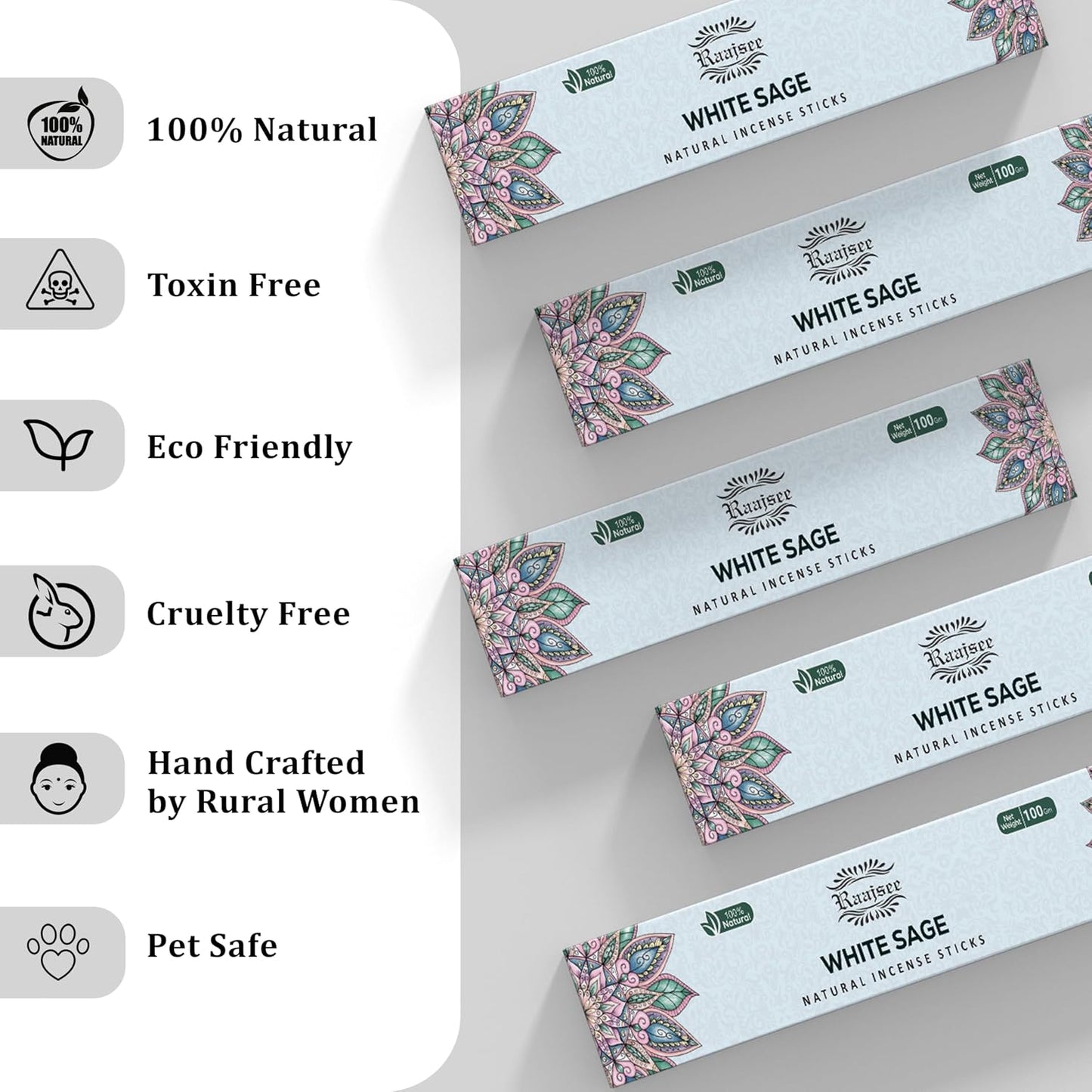 Raajsee White Sage Incense Sticks (180 gm), 100% Pure Organic Natural Hand Rolled Free from Chemicals - Perfect for Aromatherapy, Cleansing, Meditation, and Church (Pack of 12)