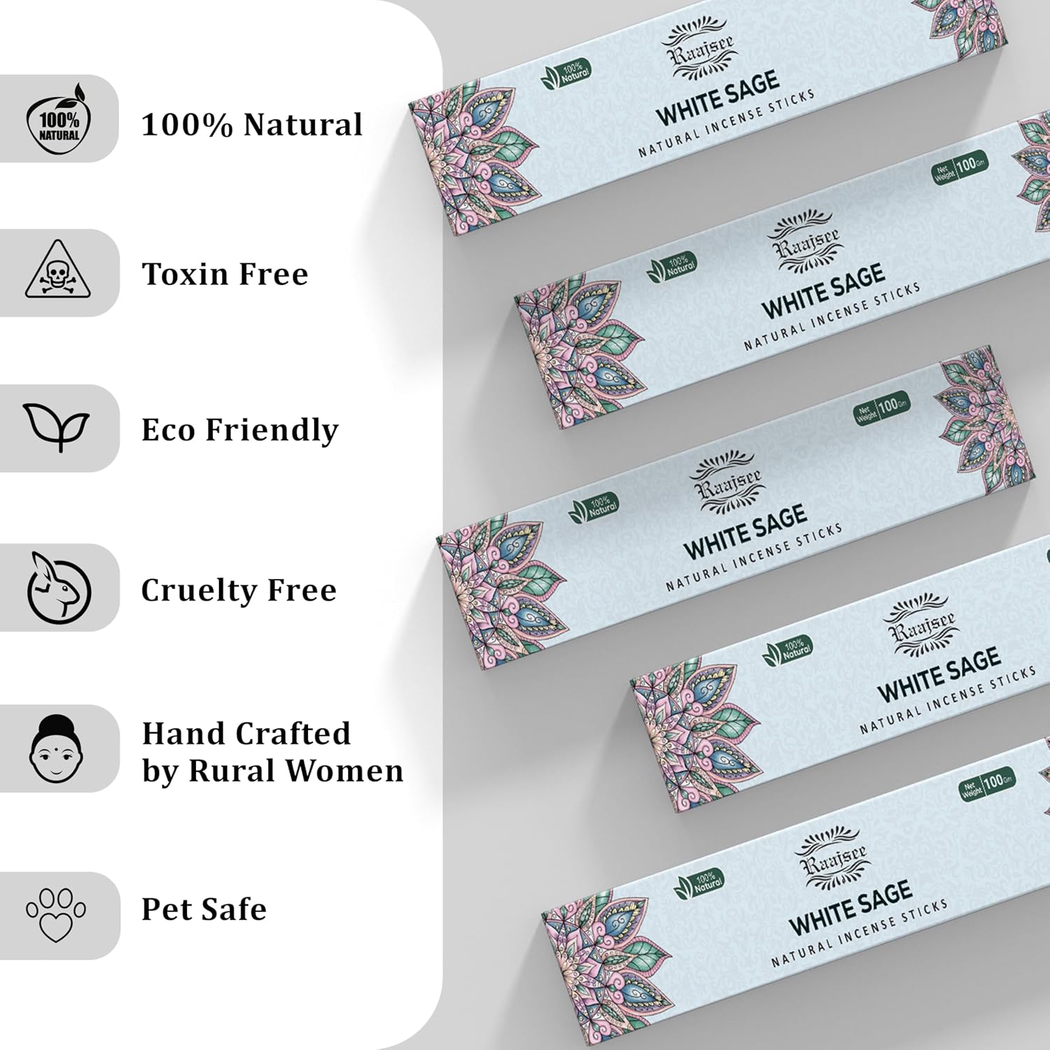 Raajsee White Sage Incense Sticks (180 gm), 100% Pure Organic Natural Hand Rolled Free from Chemicals - Perfect for Aromatherapy, Cleansing, Meditation, and Church (Pack of 12)