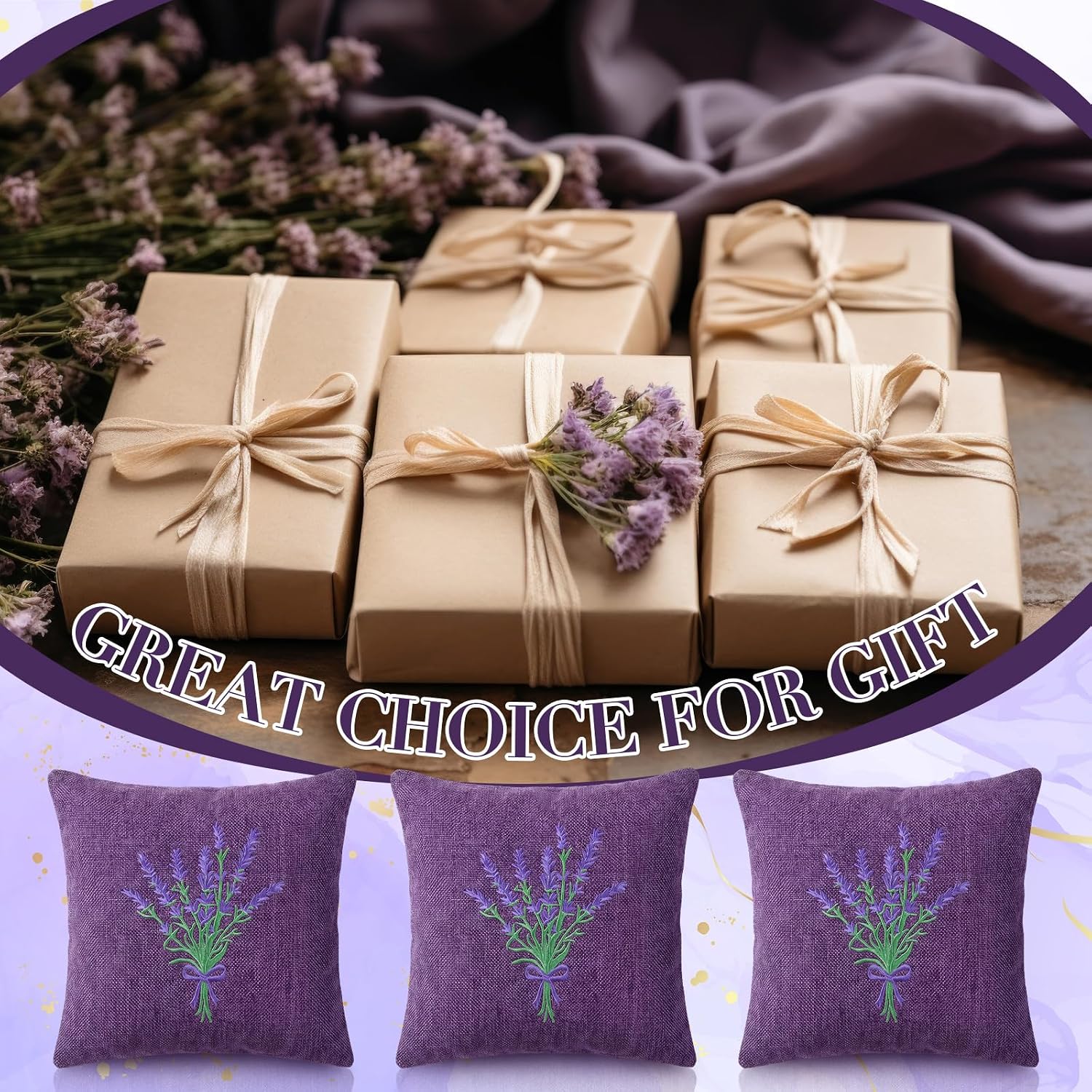 SATINIOR 6 Pack 6 x 6 Inch Embroidered Lavender Sachet Bags Sachet Empty Bags with Hook and Loop Fasteners Cotton Linen Pouch for Filling Spice Jewelry for Wedding (Purple,Novelty)