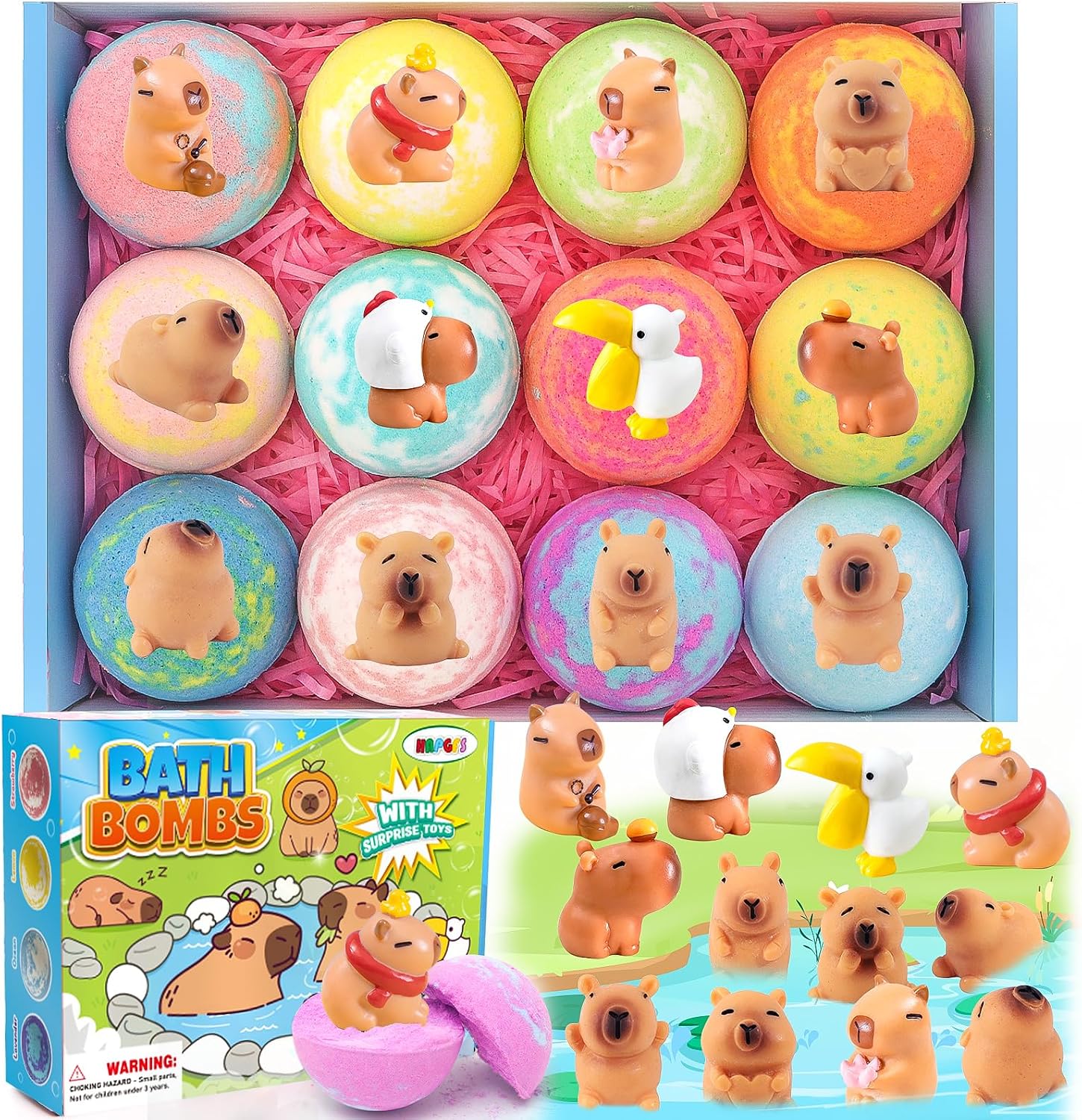 HAPGFS Bath Bombs for Kids with Surprise Inside Organic Bath Bombs Set for Girls Boys with Capybara Toys Inside Ideal Kids Birthday Christmas Easter Gift