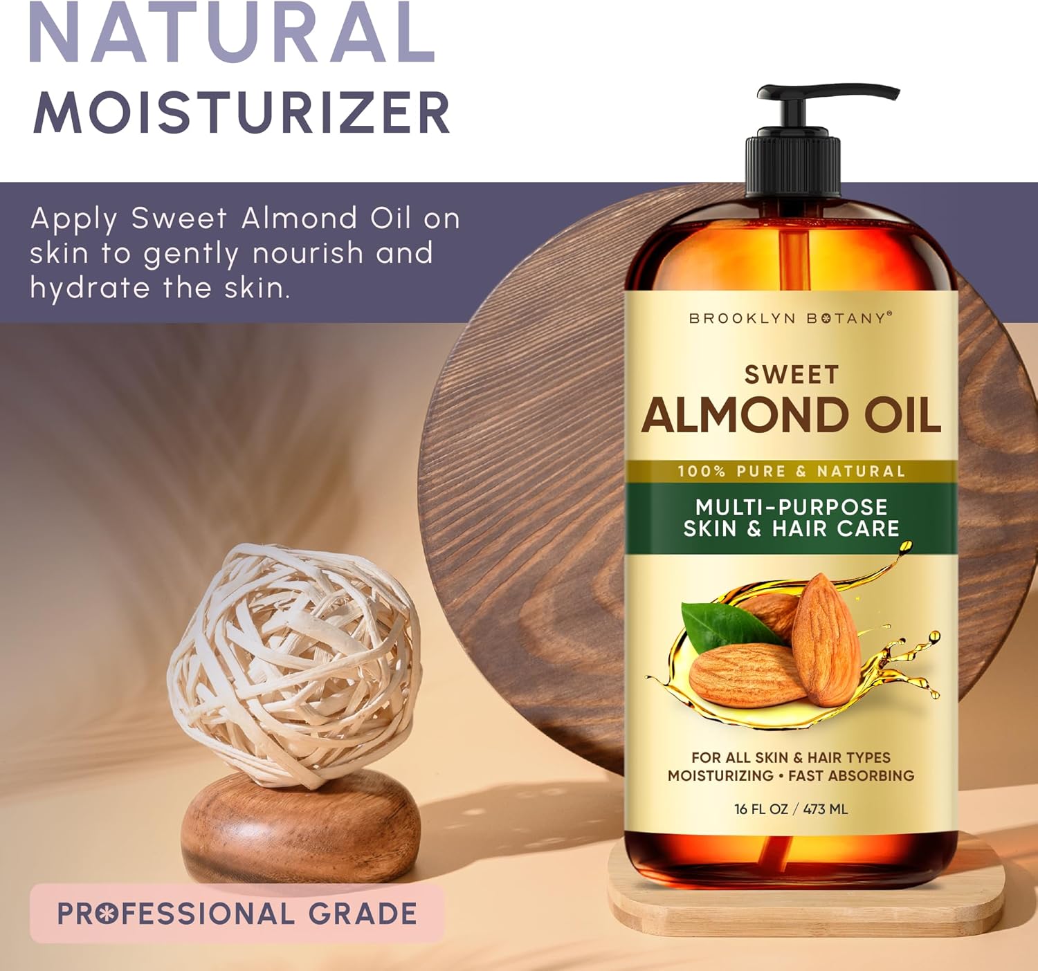 Brooklyn Botany Sweet Almond Oil | 16 Fl Oz | Hair | Face | Body | 100% Pure and Natural | Carrier Oil | Aromatherapy | Massage | Ayurvedic Hair Care | Hexane-Free