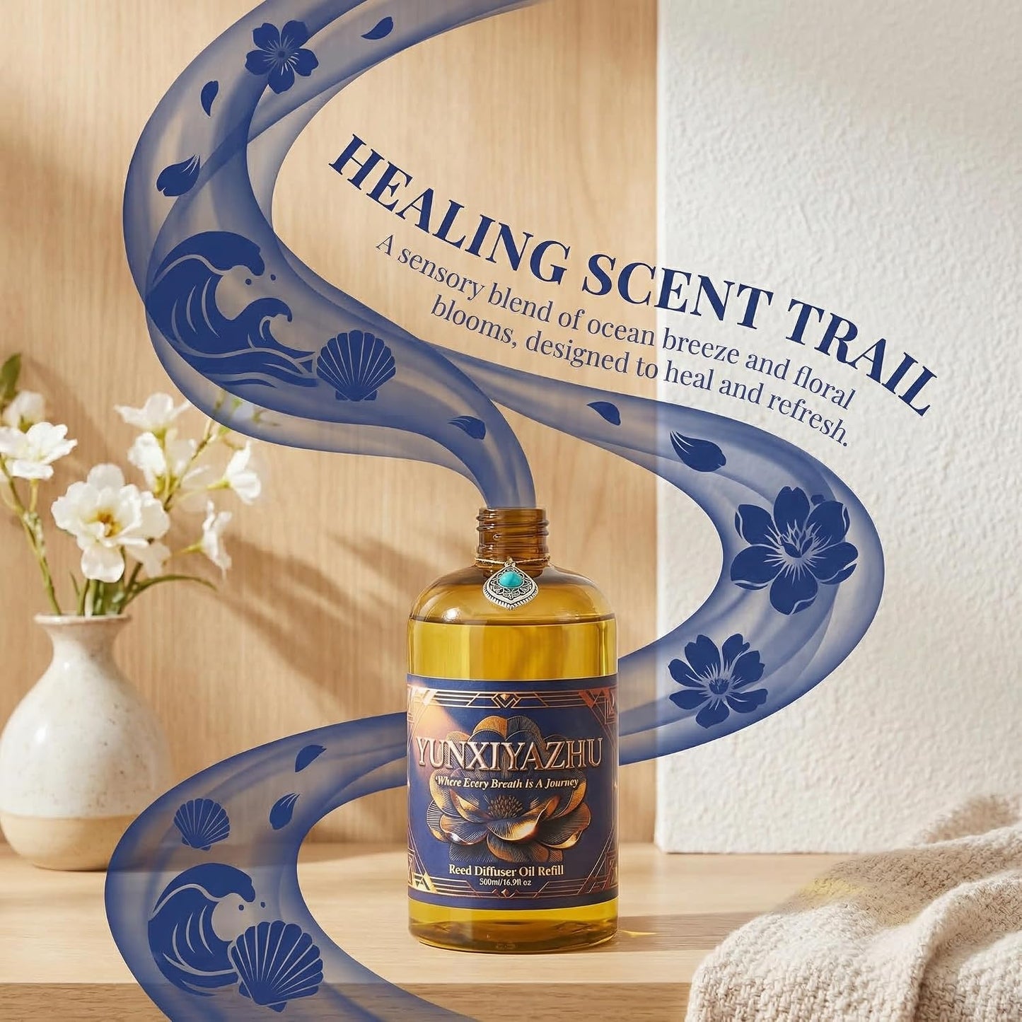 Diffuser Oil Refill,Coastal Fruit Blossom Breeze Reed,500ML (16.9 fl oz) Alcohol-Free Waterless, Dual-Use for Reed Diffusers & Waterless Fragrance Machines, Cool Fresh Summer Scent