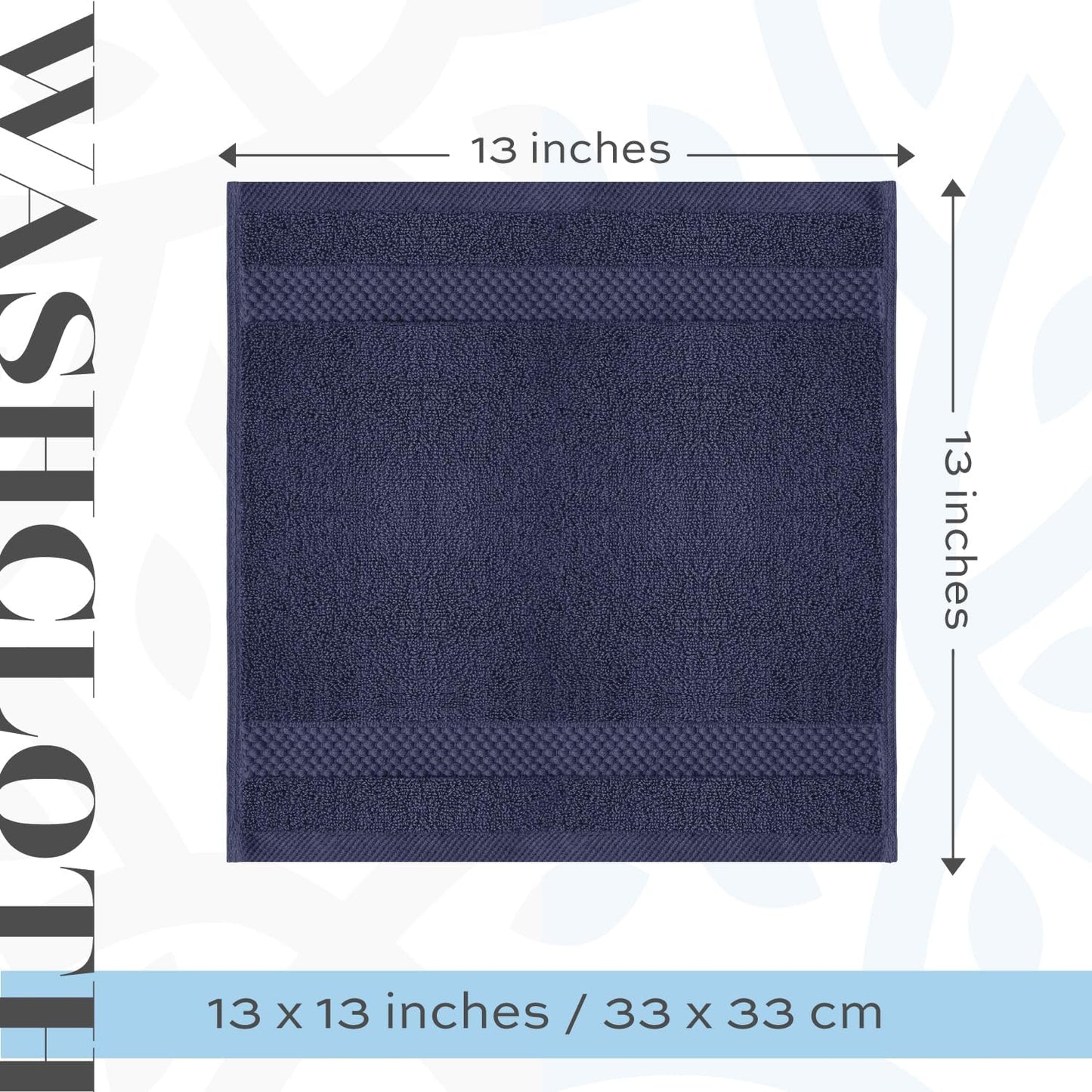 White Classic Luxury Cotton Washcloths 13x13 Inch - 650 GSM Turkish Cotton | Hotel, Spa, Bathroom Face Towel | 12 Pack, Navy Blue