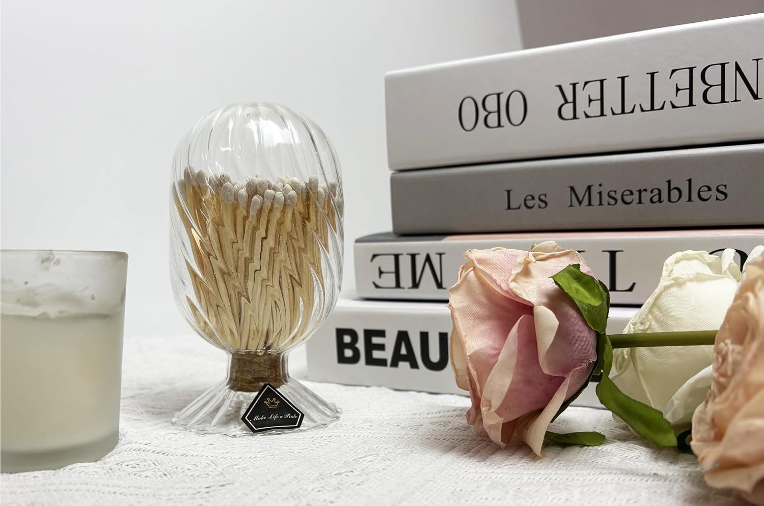 3'' White Matches Included, Match Holder with Candle Matches, Match Cloche with Striker, Long Fireplace Matches for BBQ Grill, Matches in a Jar with Striker, 100Pcs Safety Matches for Candles,