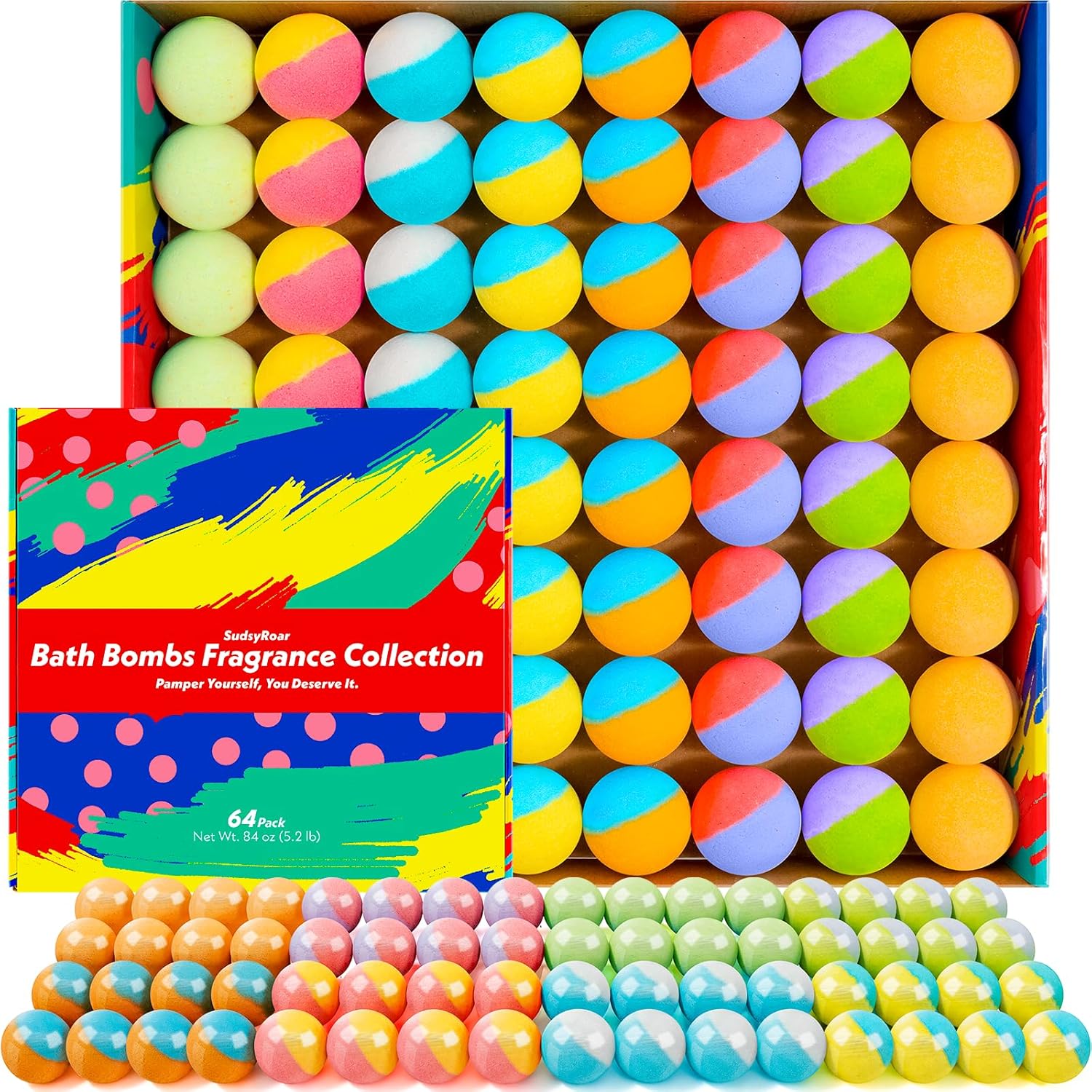 64 Pack Natural Bath Bombs Bulk Set – 8 Scents, Organic Ingredients, Long-Lasting Bubbles, Relaxing Gifts for Women & Men, Self-Care, Birthday, Christmas & Stocking Stuffers