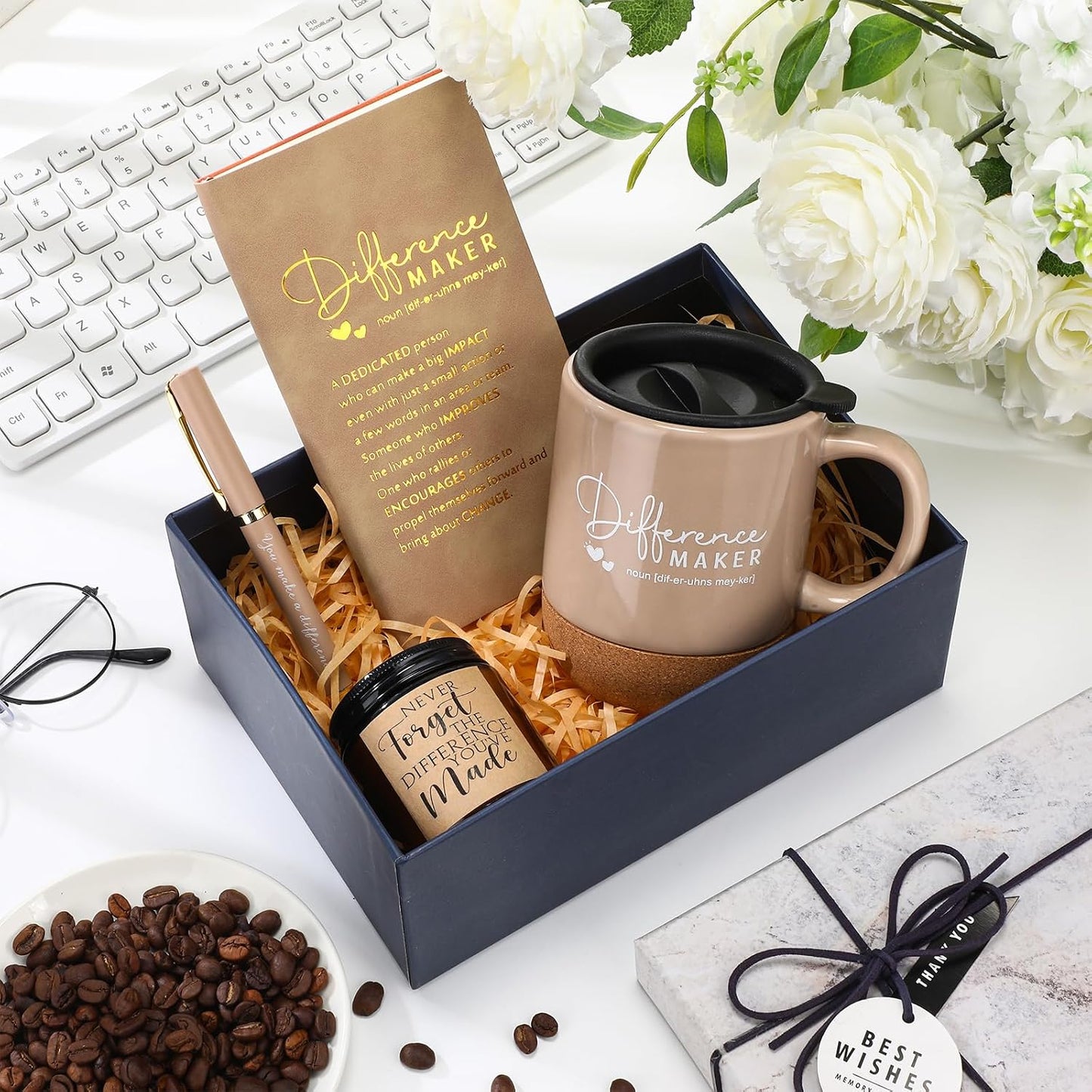 Vesici 4 Pcs Difference Maker Gift Set for Employee Mug Notebook Candle Pen | Thank You Gift for Women Men Teacher Nurse Coworker Secretary Boss(Brown,Word)