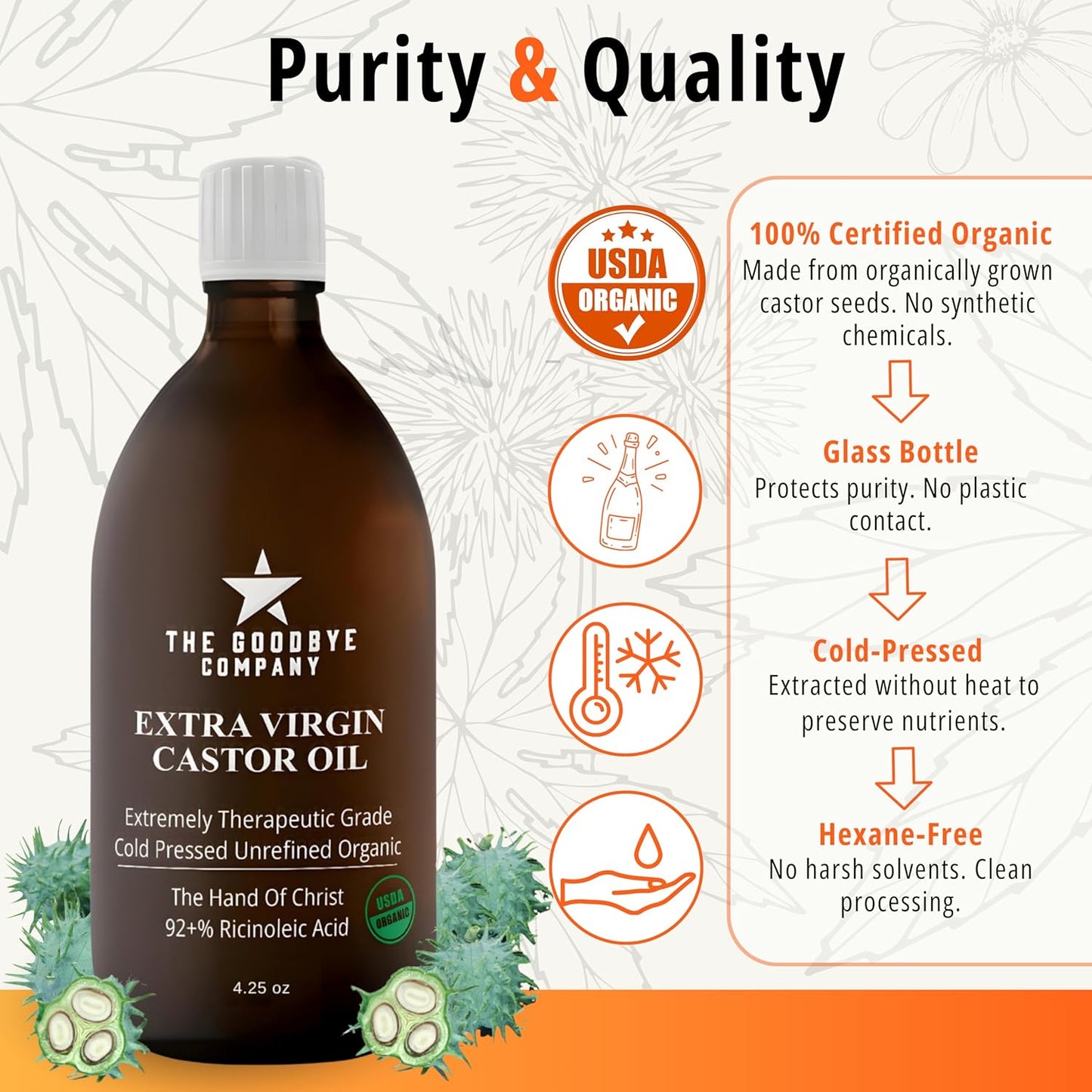 The Goodbye Company Organic Castor Oil for Hair, Skin & Eyelashes – 100% Pure, Cold-Pressed, Hexane-Free, Unrefined – Nourishing Beauty & Wellness Oil in Dark Glass Bottle – 4.25oz