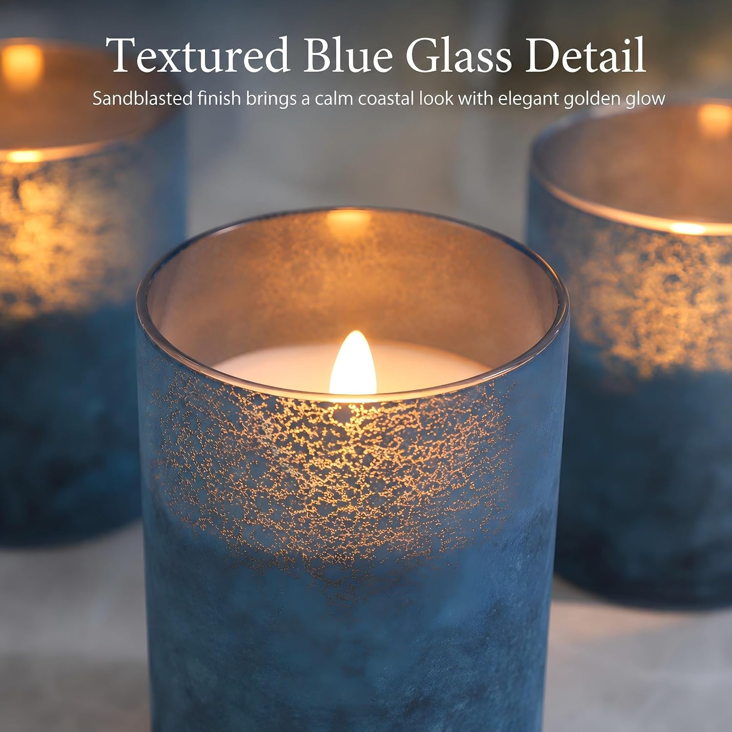 Blue Flameless Candles Set of 3, Sandblasted Glass LED Pillar Candles with Remote, Battery Operated Flickering Candles for Coastal Home Decor, Party Bathroom Holiday Birthday Wedding Decoration