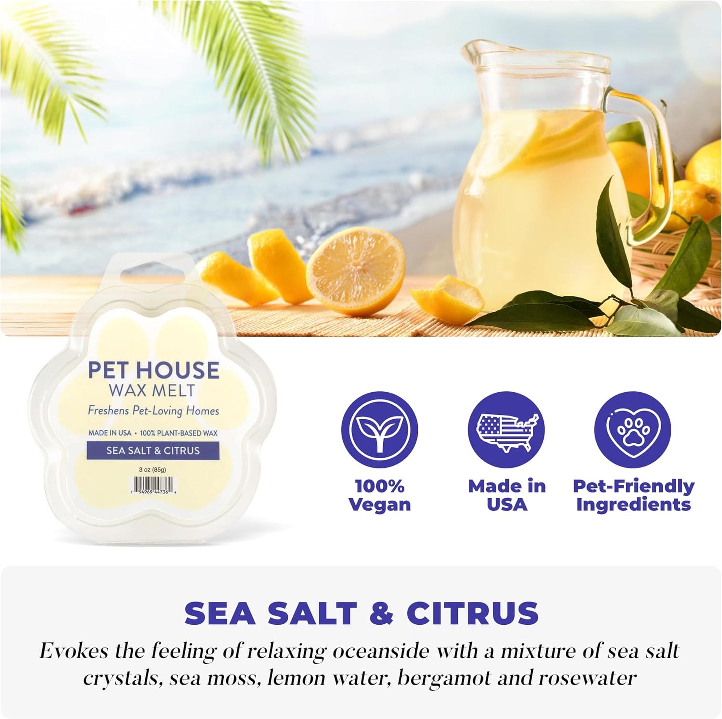 One Fur All Pet House Scented Wax Melts Natural, Plant Based Soy Wax Melts for Pet Odor, Long Lasting Fragrance for Fresh Smelling Homes, Sea Salt & Citrus Pack of 2