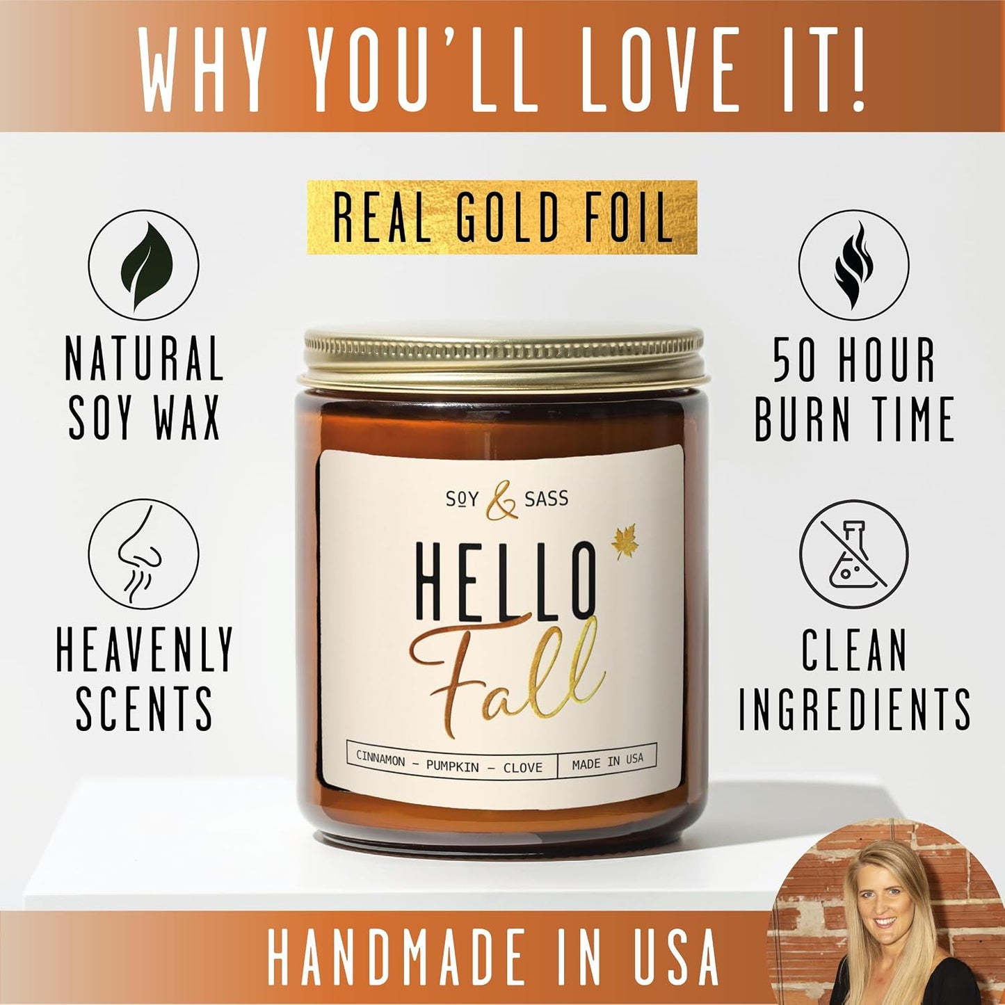 Fall Candles - 'Hello Fall Scented Candle' w/Cinnamon, Pumpkin & Fir I Infused with Essential Oils Autumn Scented Soy Candles for Home Décor, 9oz Reusable Jar, 50Hr Burn, Made in USA