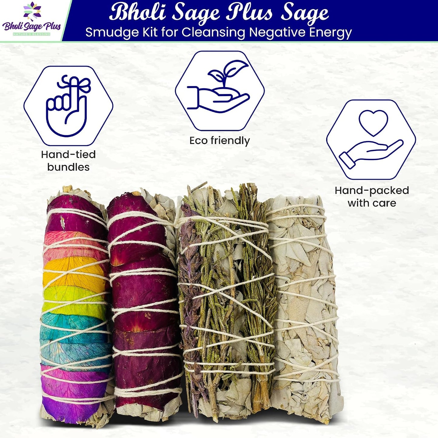 Bholi Sage Plus Sage Smudge kit Rosemary Lavender White Sage Rose with White Sage Sustainably Sourced from California Dried Sage Sticks for Home Cleansing, Blessing