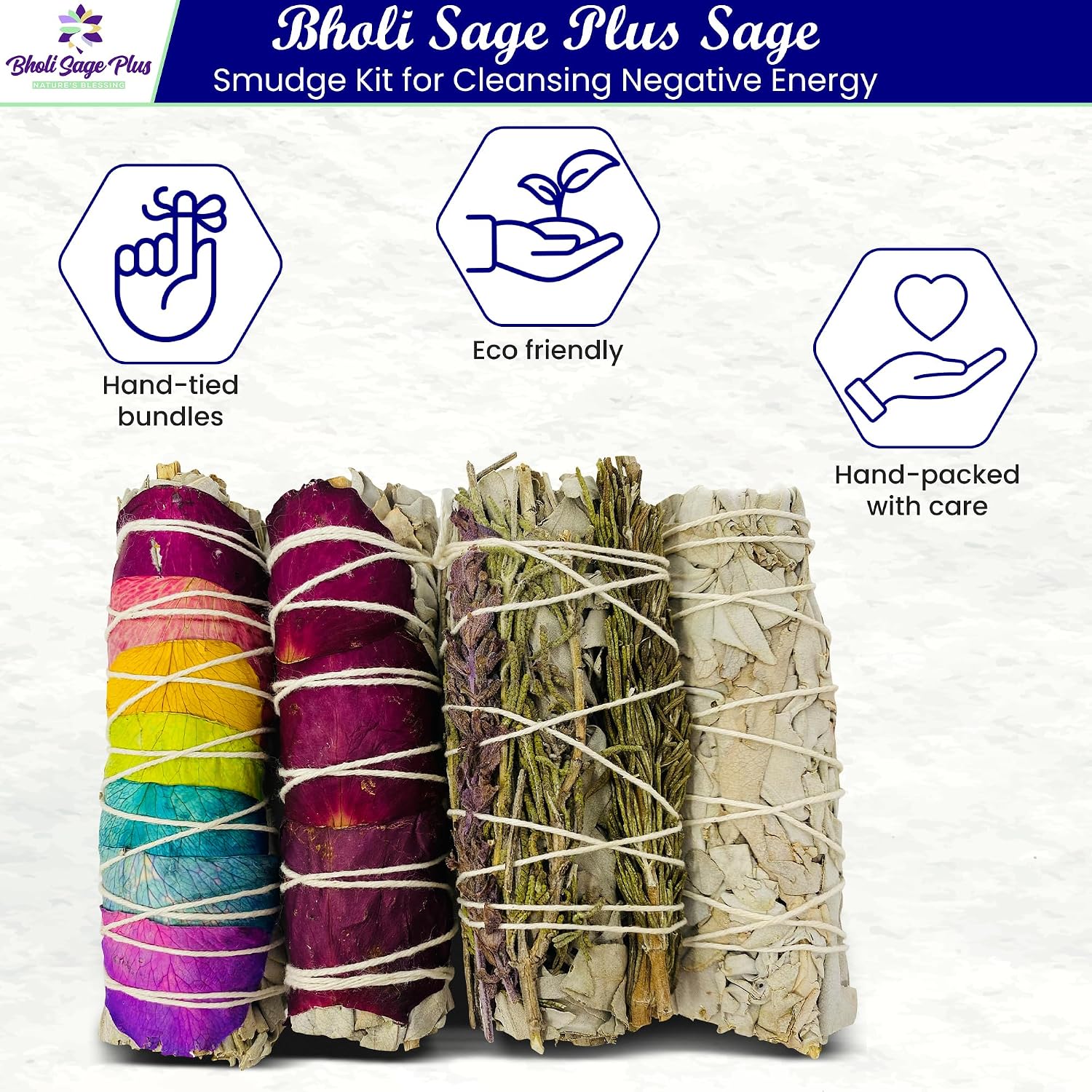 Bholi Sage Plus Sage Smudge kit Rosemary Lavender White Sage Rose with White Sage Sustainably Sourced from California Dried Sage Sticks for Home Cleansing, Blessing