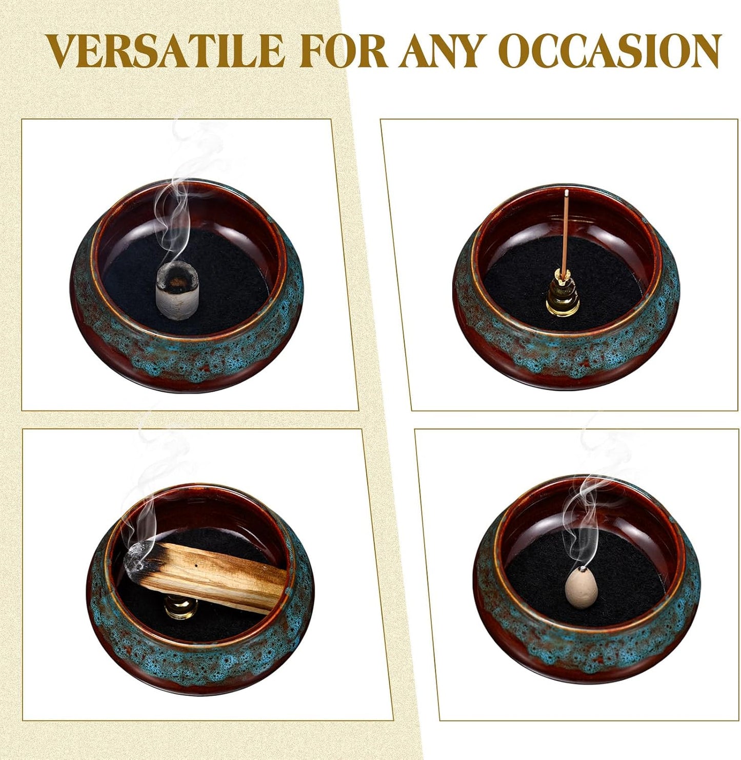 Maxcheck 4 Pcs Ceramic Incense Burner with Copper Lid Metal Incense Holder Lotus Cone Burner for Sandalwood Palo Santo Sage Cones Meditation Yoga Spa Gifts Room Decor(Blue)