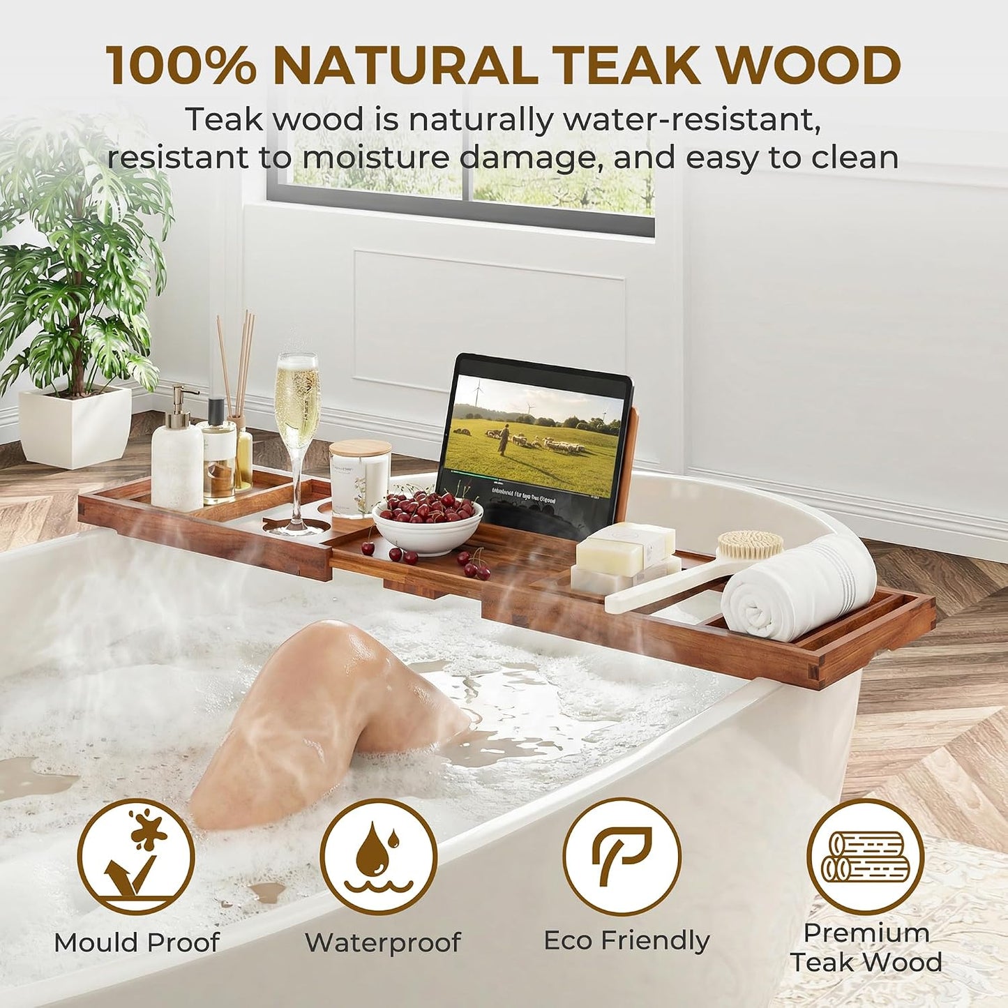 Venusmiles Teak Bathtub Tray Caddy, Foldable Bath Tray with Expandable Handles, Wine Glass and Phone Holders, Book Stand, for Home Spa Relaxation, Luxury Bathroom Accessories - Light Walnut Color