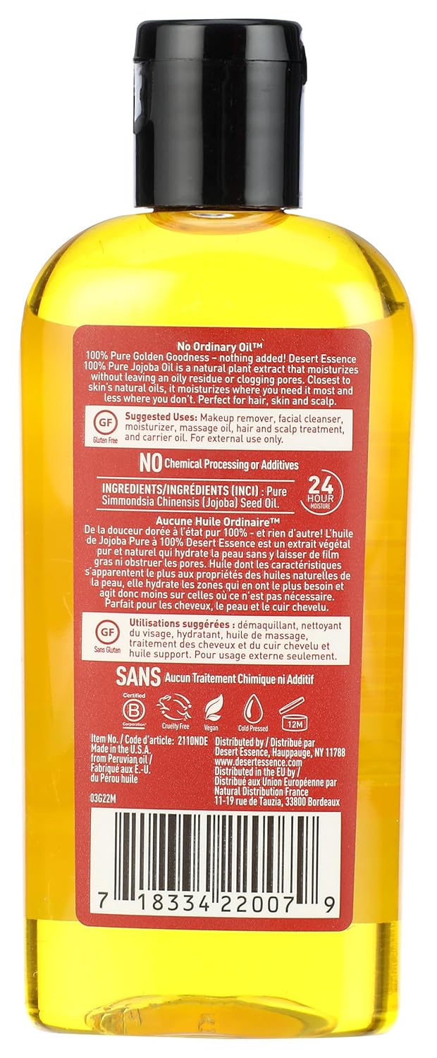 Desert Essence 100% Pure Jojoba Oil - 4 oz - Moisturizes Body Skin & Cleanses Clogged Pores -Nourishes Hair and Scalp - Hair Care & Skincare Essential Oil - Suitable for Sensitive Skin