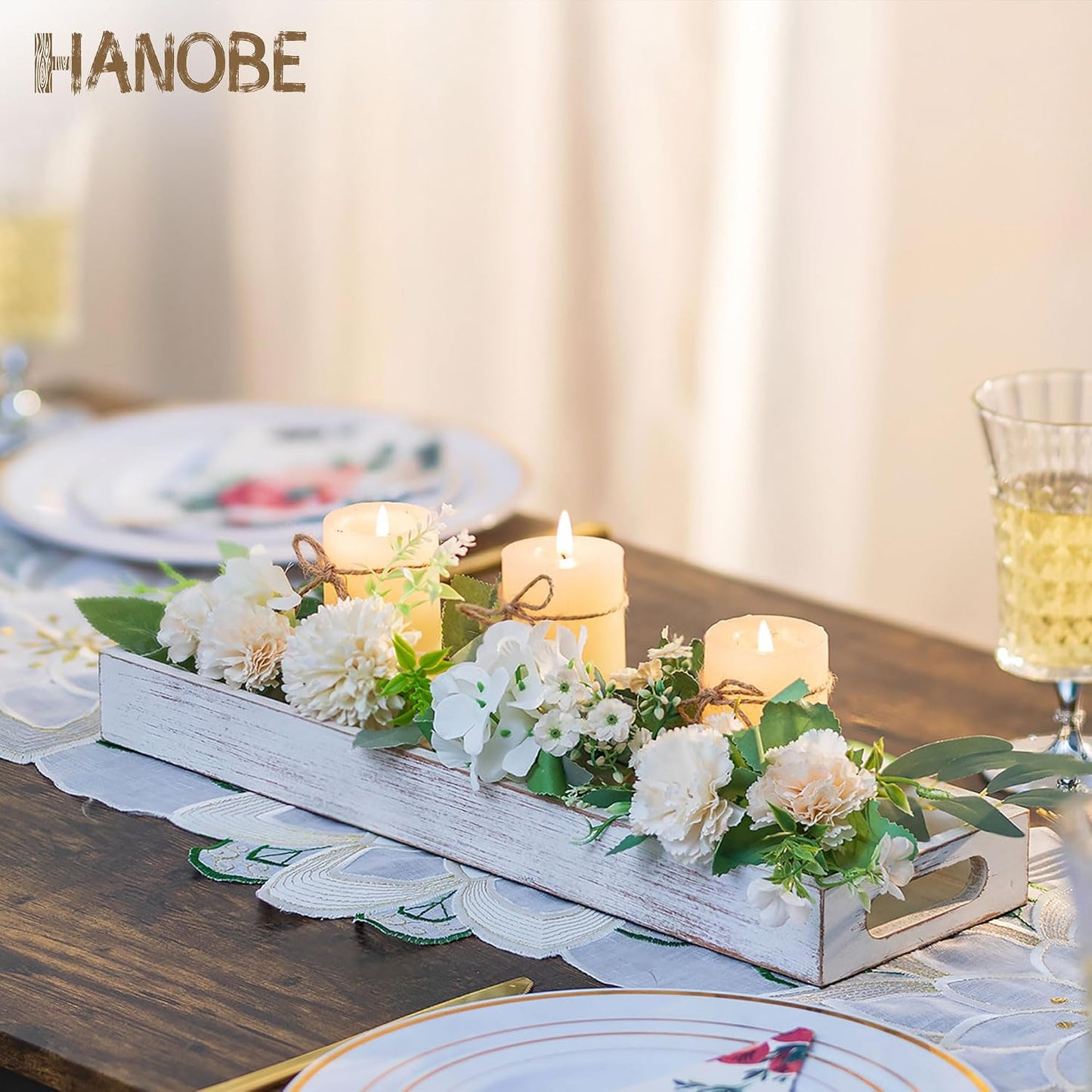 Hanobe Decorative Wooden ServingTray: Rustic Long Narrow Centerpiece Farmhouse Wood Candle Holder Trays with Cutout Handles Rectangular Coffee Table Tray for Living Room Kitchen Home Decor, White