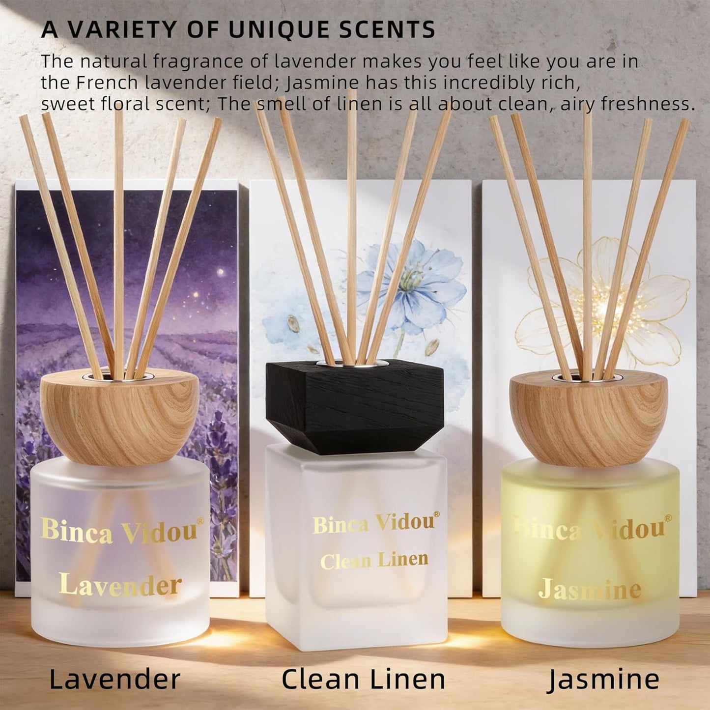 Reed Diffuser Set of 3, Binca Vidou Natural Scent Oil Diffusers with Sticks for Home Office Bathroom Aromatherapy Decor 3.38oz x 3(Lavender, Linen & Jasmine)