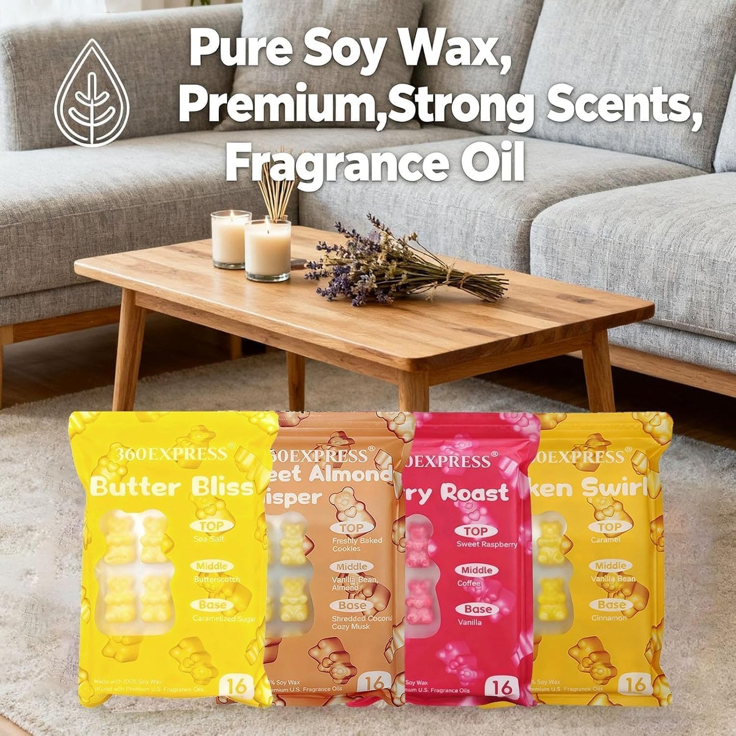 Wax Melts Variety Pack - 64 Bear Shaped Soy Wax Tarts with US Essential Oils - Includes Silken Swirl, Sweet Almond Whisper, Berry Roast, Butter Bliss
