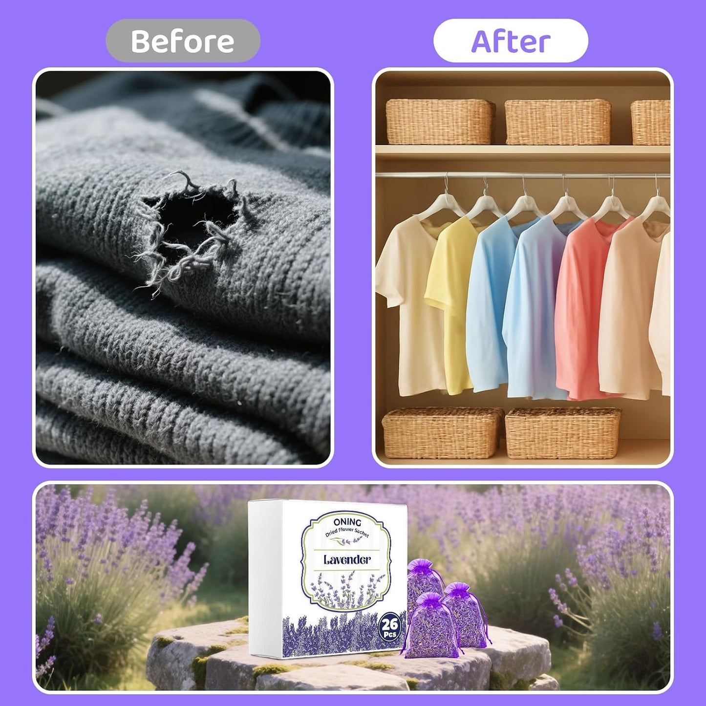 26 Pack Lavender Sachet Bags - Home Fragrance Sachets, Natural Lavender Flowers, Dried French Lavenders Perfect for Wardrobe, Drawers, Closet, Storage