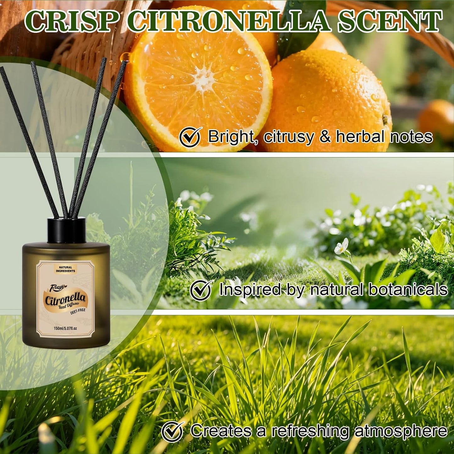 SCENTORINI Citronella Reed Diffuser Set, Summer 10 oz Natural Lemongrass Essential Oil with 12 Sticks, Long Lasting Home Fragrance for Bedroom, Bathroom, Patio, Camping, Courtyard, Pool, Outdoor Use