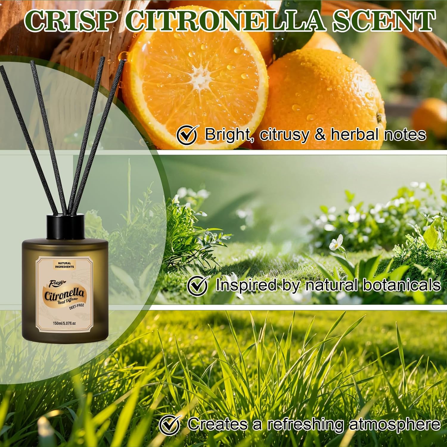 SCENTORINI Citronella Reed Diffuser Set, Summer 10 oz Natural Lemongrass Essential Oil with 12 Sticks, Long Lasting Home Fragrance for Bedroom, Bathroom, Patio, Camping, Courtyard, Pool, Outdoor Use