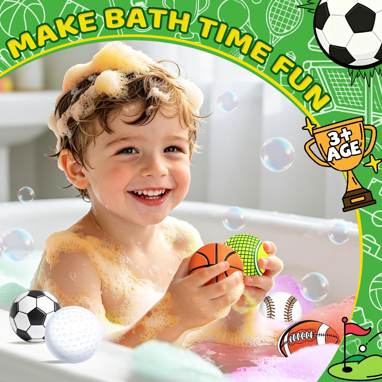 Bath Bombs for Kids, STEM 6-Pack Organic Handmade Bath Bomb Sports Themed, Basketball, Football, Rugby, Golf, Tennis Shapes, Mild Skin-Friendly SPA Toy, Nice Daily Reward and Holiday Gifts