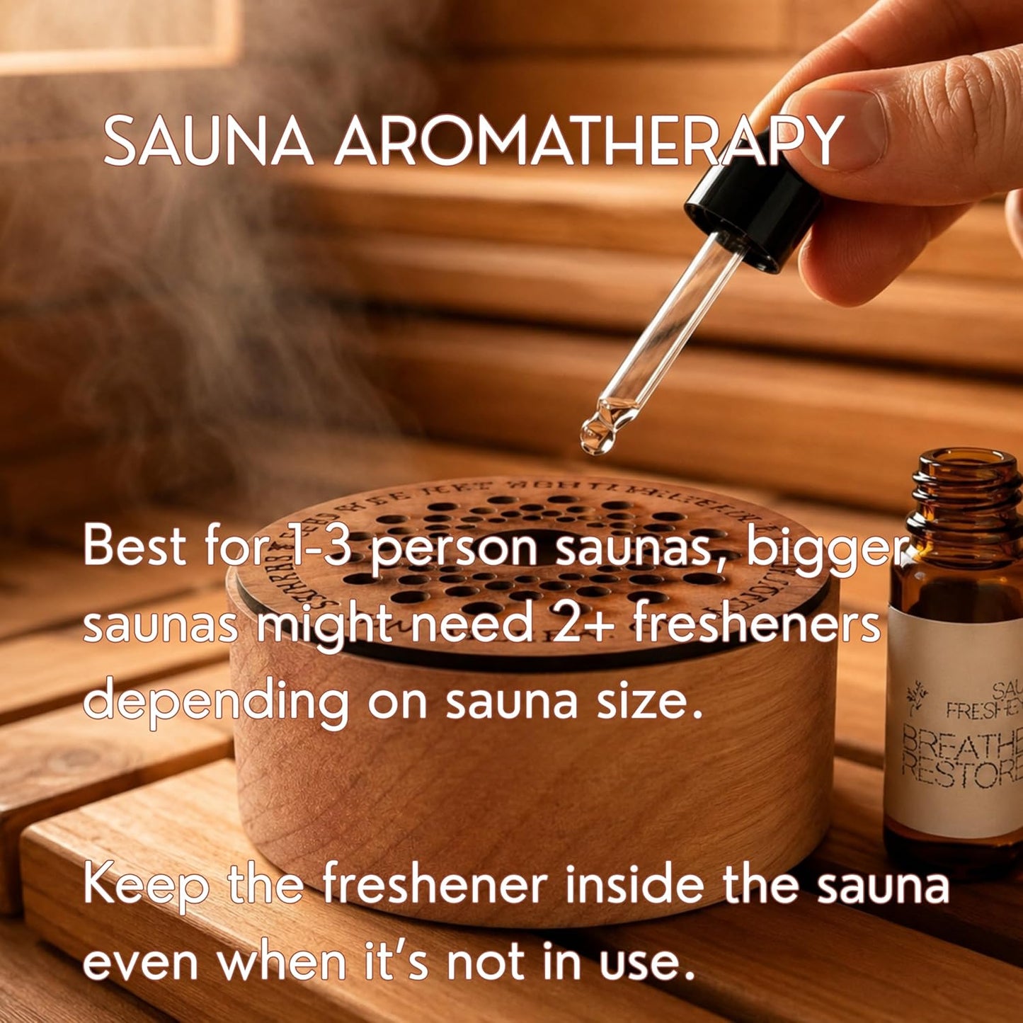 Sauna Freshener with Essential Oil Refill – Handmade Cedar Wood Diffuser – Breathe & Restore Scent – Eucalyptus, Peppermint & Tea Tree – Heat-Activated Aromatherapy for Sauna – Made in USA