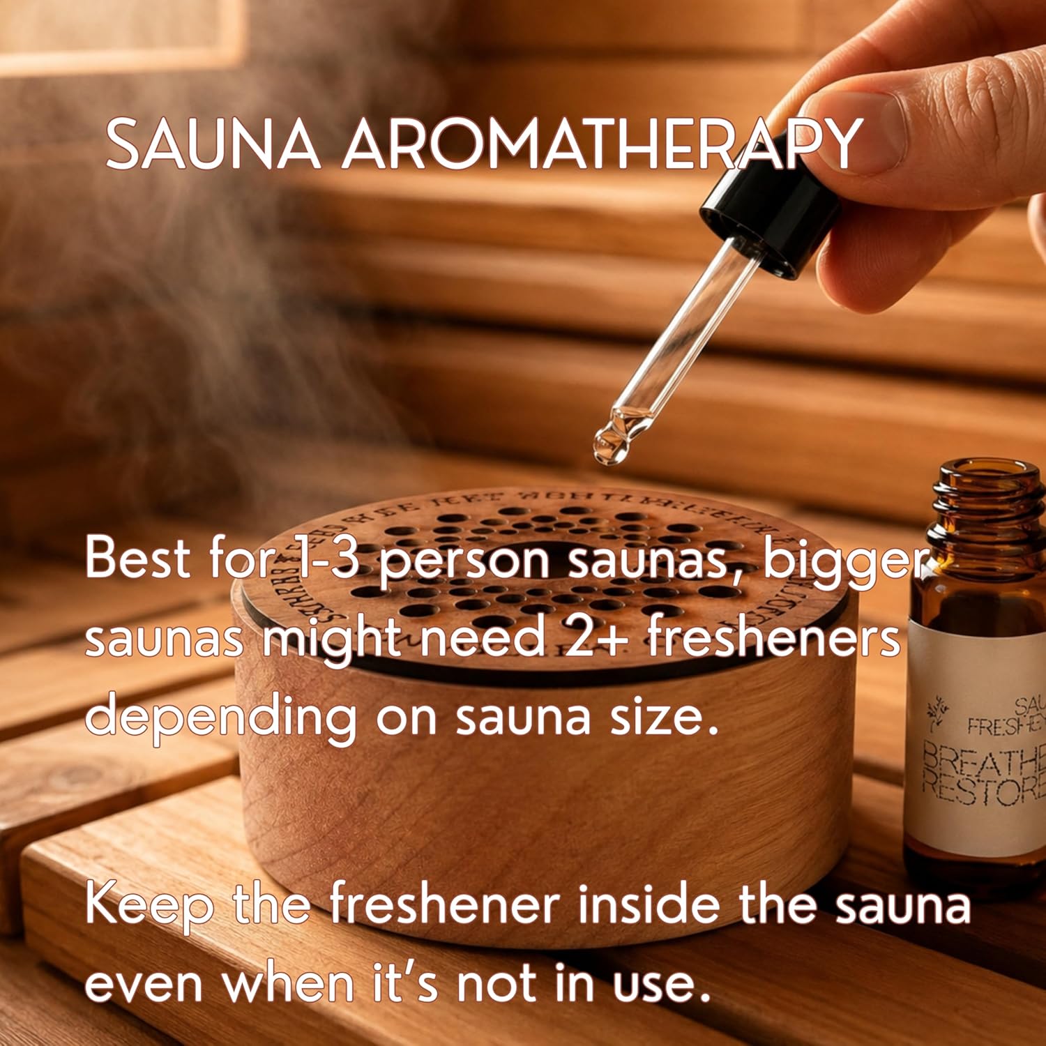 Sauna Freshener with Essential Oil Refill – Handmade Cedar Wood Diffuser – Breathe & Restore Scent – Eucalyptus, Peppermint & Tea Tree – Heat-Activated Aromatherapy for Sauna – Made in USA