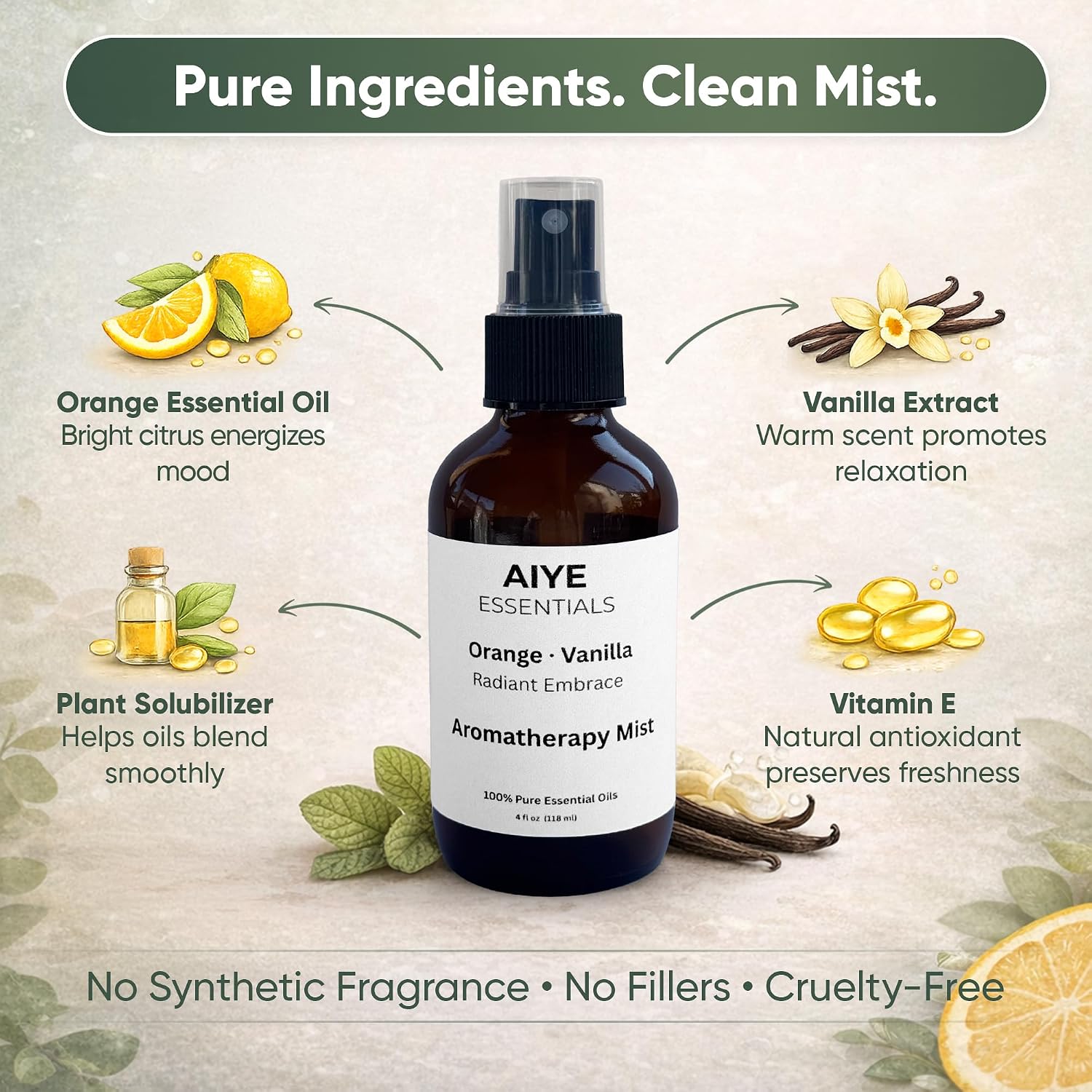 Aiye Essentials Orange Vanilla Aromatherapy Room & Linen Spray, Non‑Toxic Essential Oil Fabric Mist, 4 oz