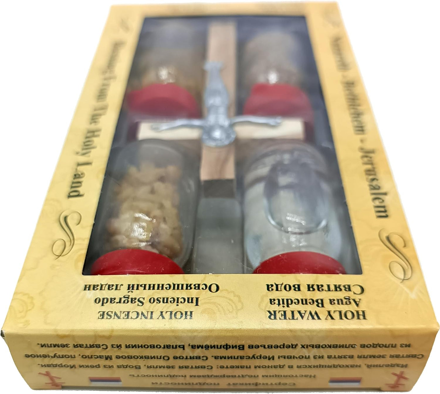 Zuluf Holy Land Set 5 in 1 Olive Wood Cross Set with 4 Bottles - Oil, Jordan Water, Holy Earth and Incense from Jerusalem | Catholic Orthodox Blessing Set from Israel | Religious Israel Gift HLG005