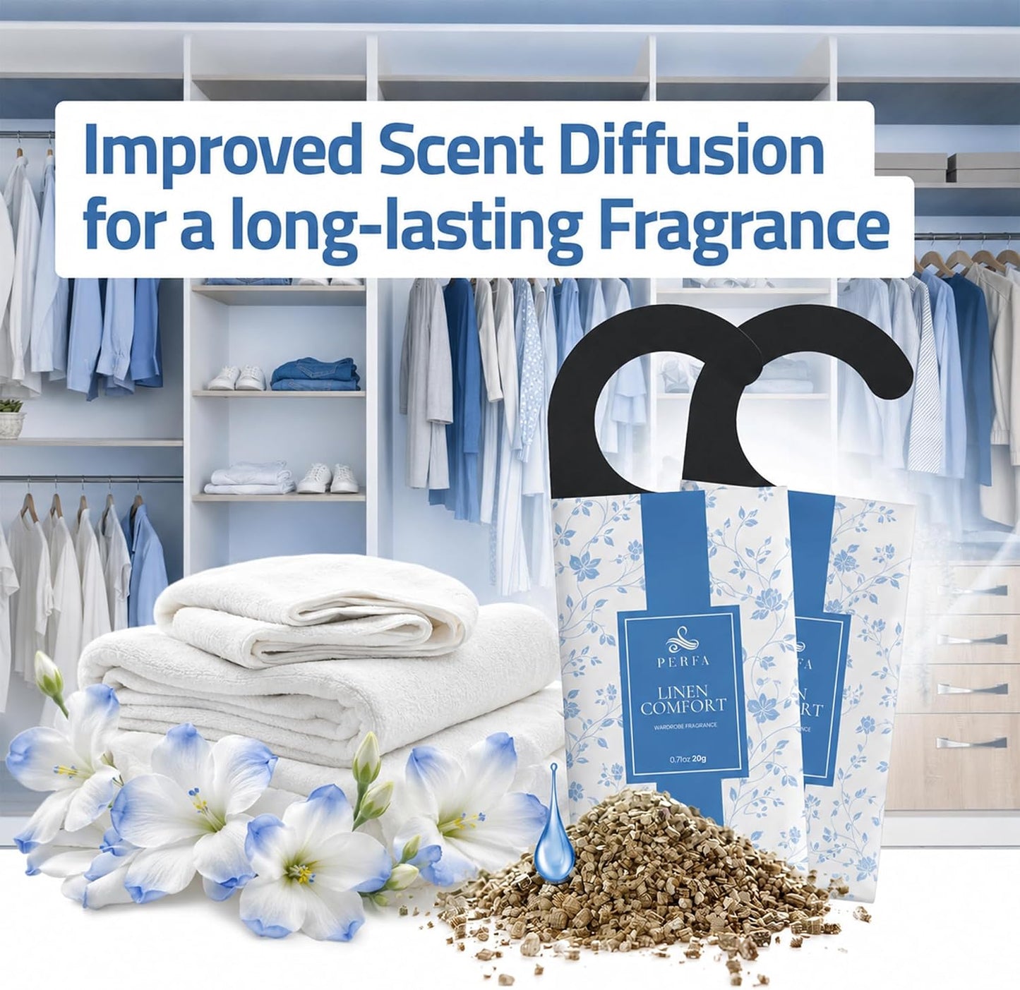 Closet Deodorizer Linen Scented 12 Pack Sachets | Odor Eliminator for Small Spaces | for Wardrobe, Storage, Cabinet, Shoes & Lockers | Long Lasting Fragrance | Linen Scent Closet Freshener by Perfa