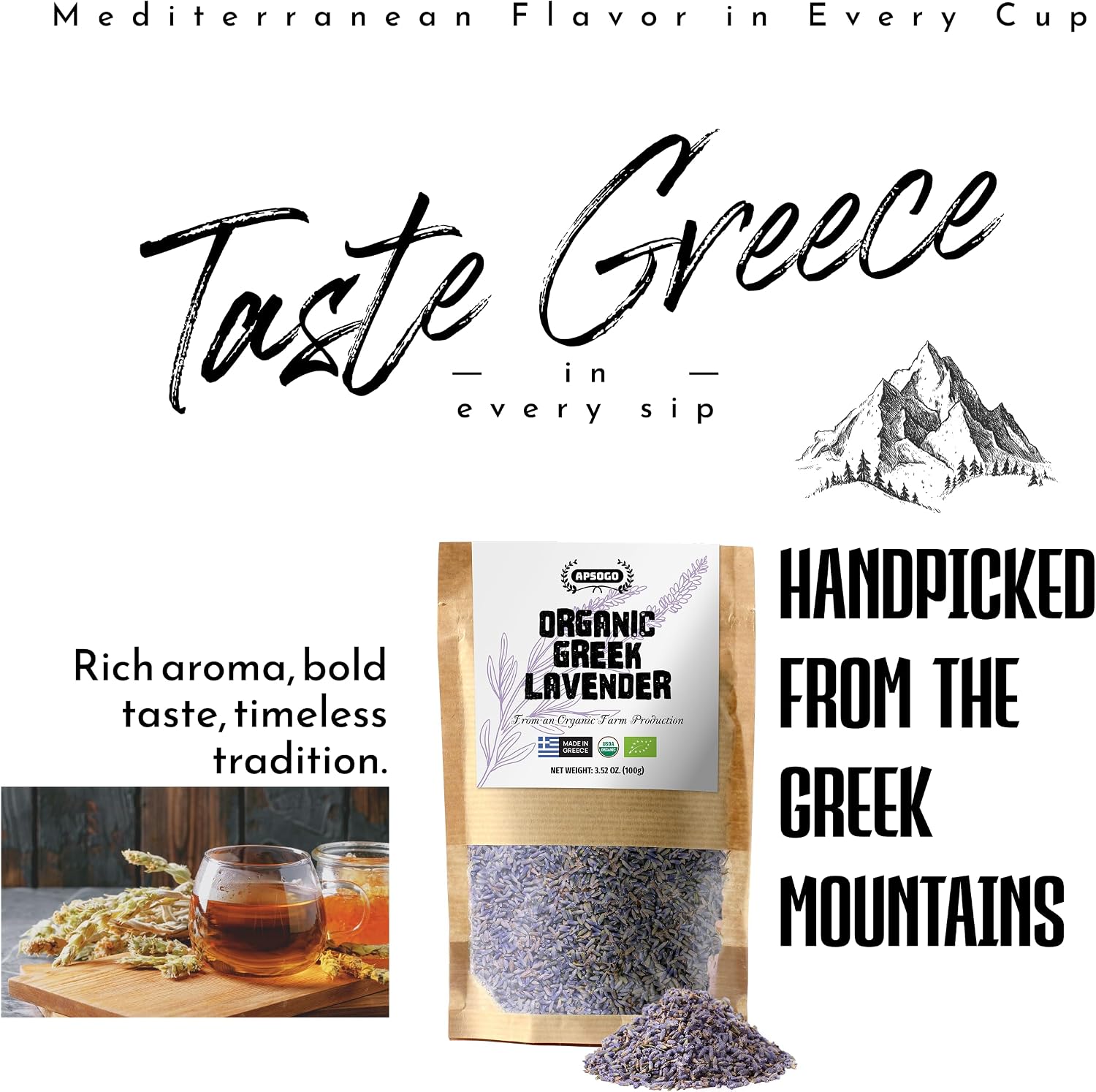 Apsogo Organic Greek Lavender - Dried Culinary Lavender for Tea, 1.76oz | Single-origin Lavandula angustifolia, hand-harvested in the Peloponnese. Whole dried lavender for tea, baking and syrups
